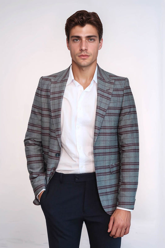 Slim-Fit Checked Burgundy Men Blazer