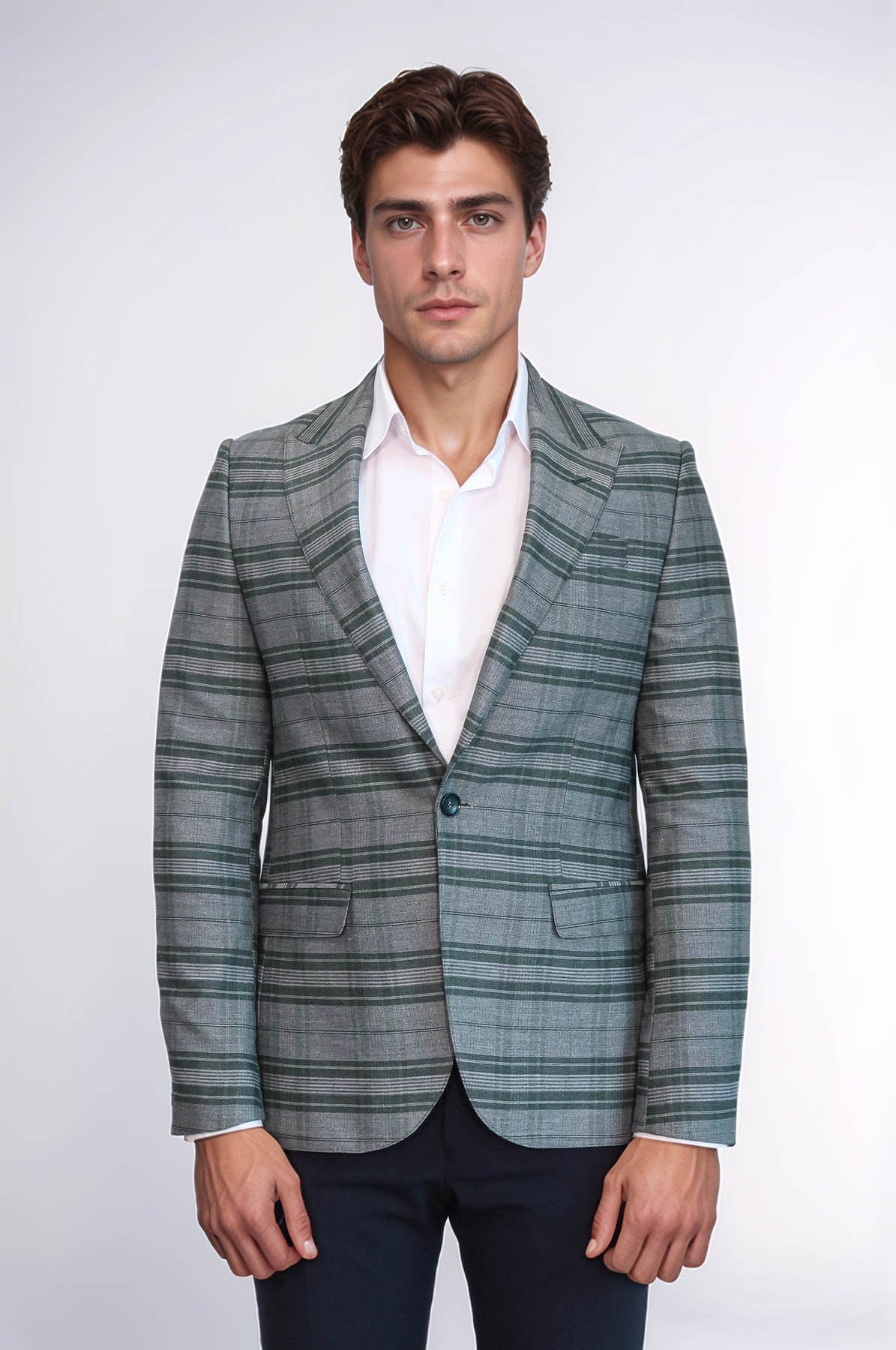 Checked Slim Fit Single Button Green Men Blazer