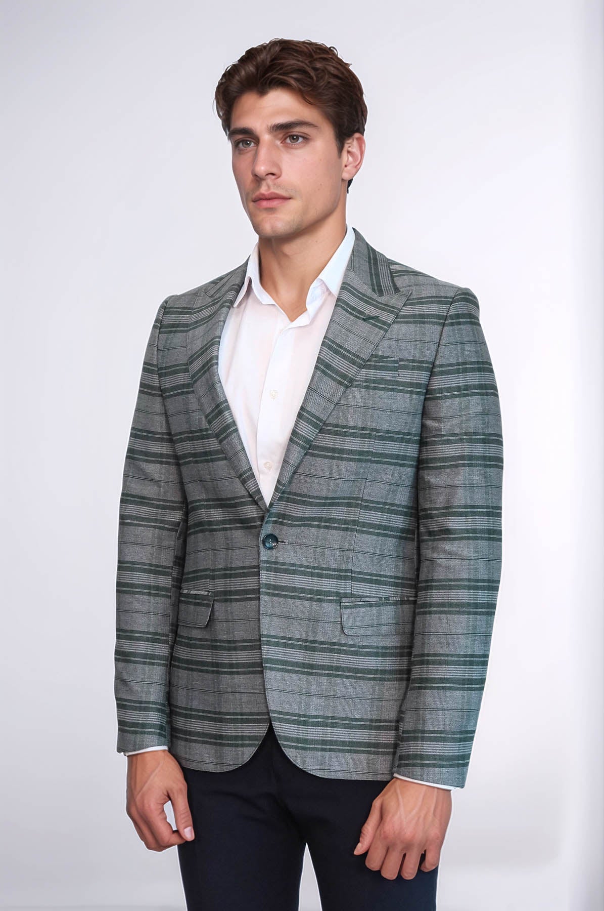 Checked Slim Fit Single Button Green Men Blazer