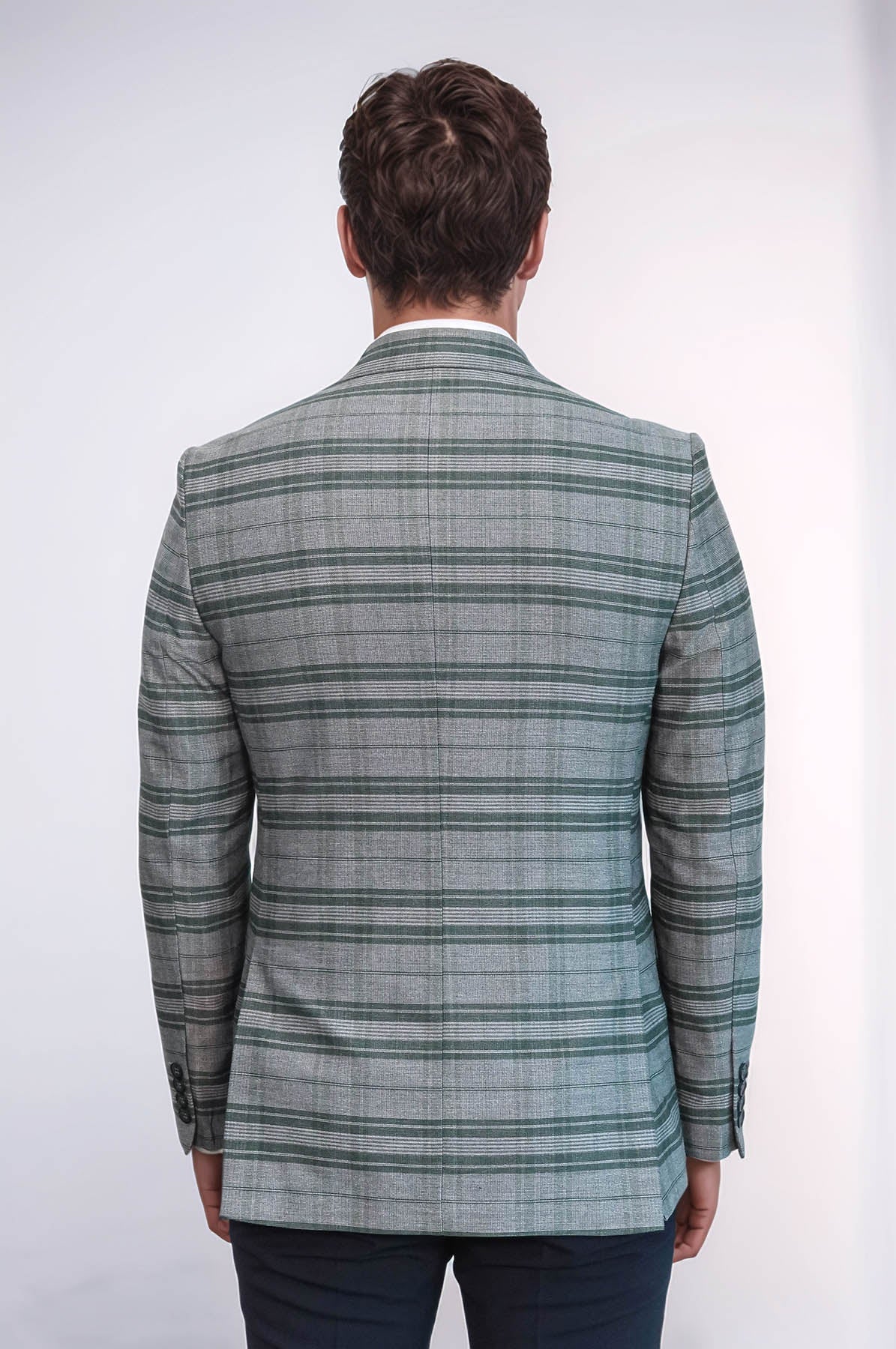 Checked Slim Fit Single Button Green Men Blazer