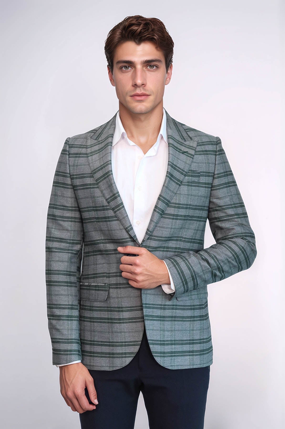 Checked Slim Fit Single Button Green Men Blazer
