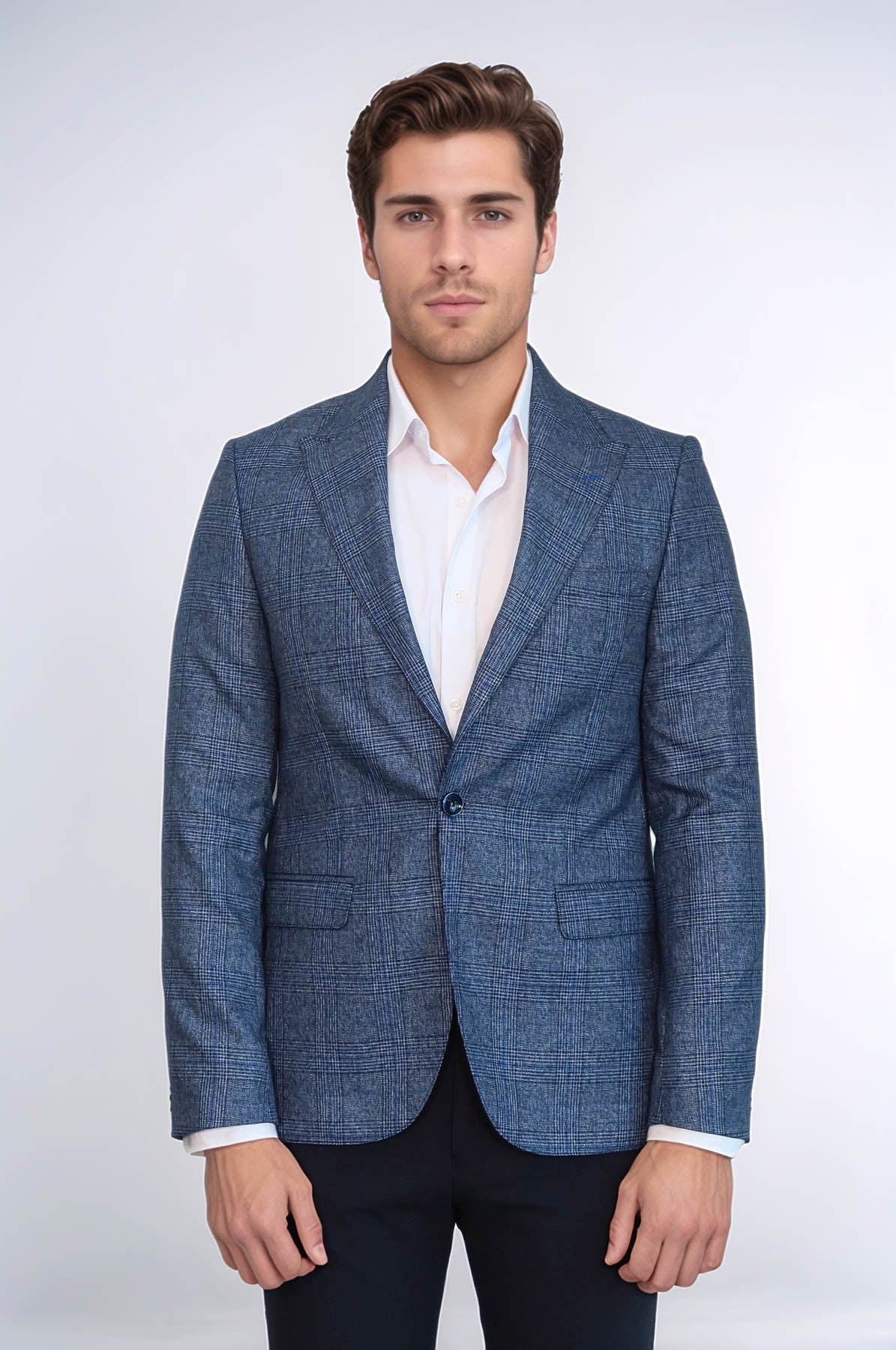Checked Slim-Fit Single Button Navy Blue Men Blazer