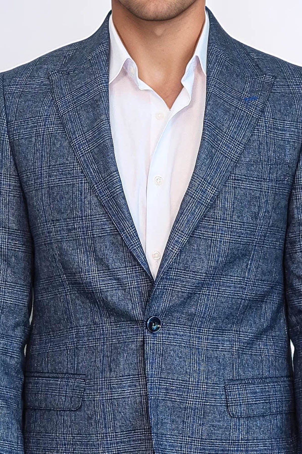 Checked Slim-Fit Single Button Navy Blue Men Blazer