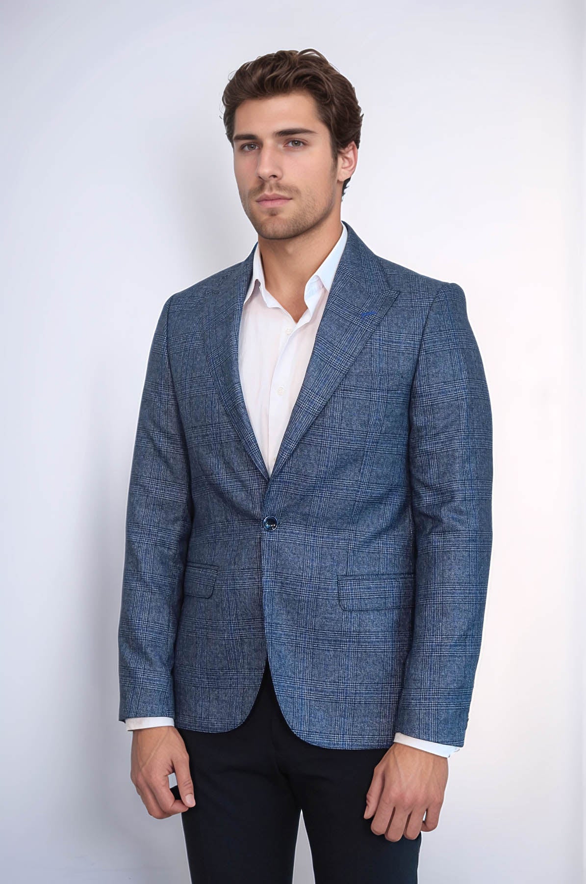 Checked Slim-Fit Single Button Navy Blue Men Blazer