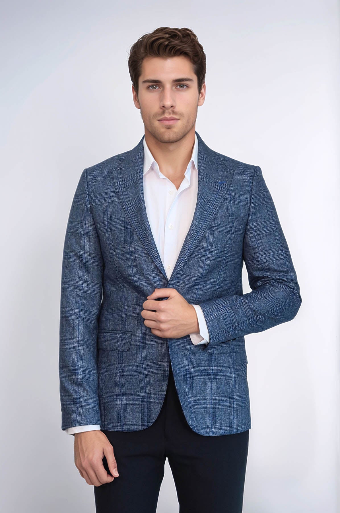 Checked Slim-Fit Single Button Navy Blue Men Blazer
