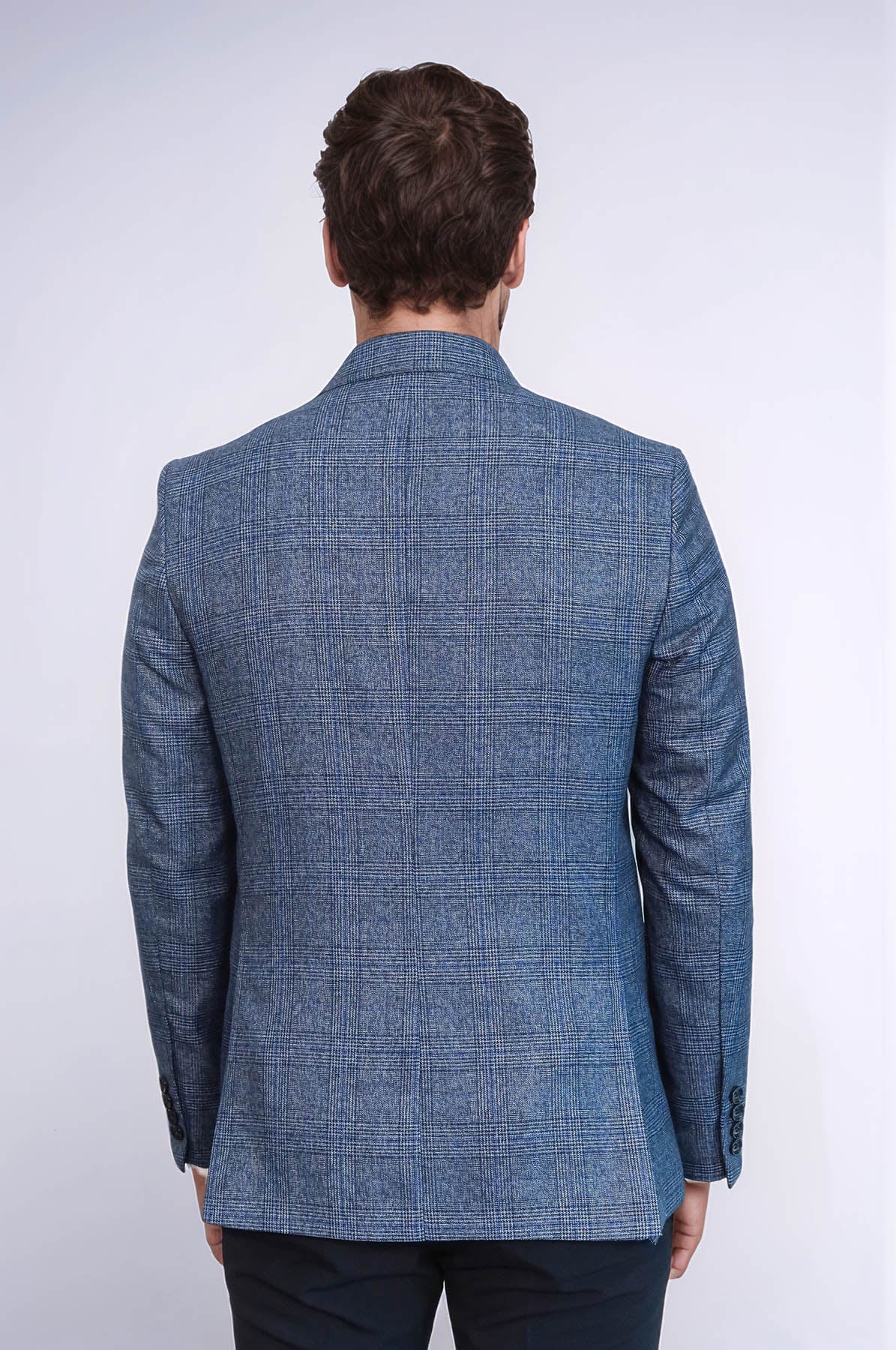 Checked Slim-Fit Single Button Navy Blue Men Blazer
