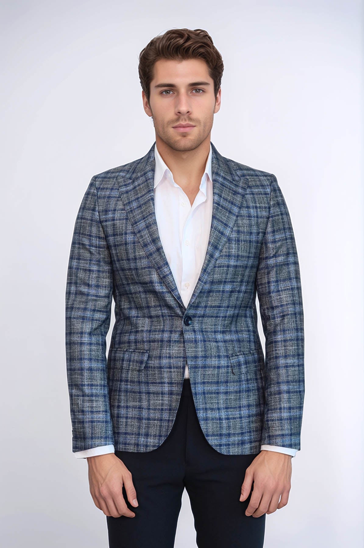 Checked Slim-Fit Single Button Navy Blue Men Blazer