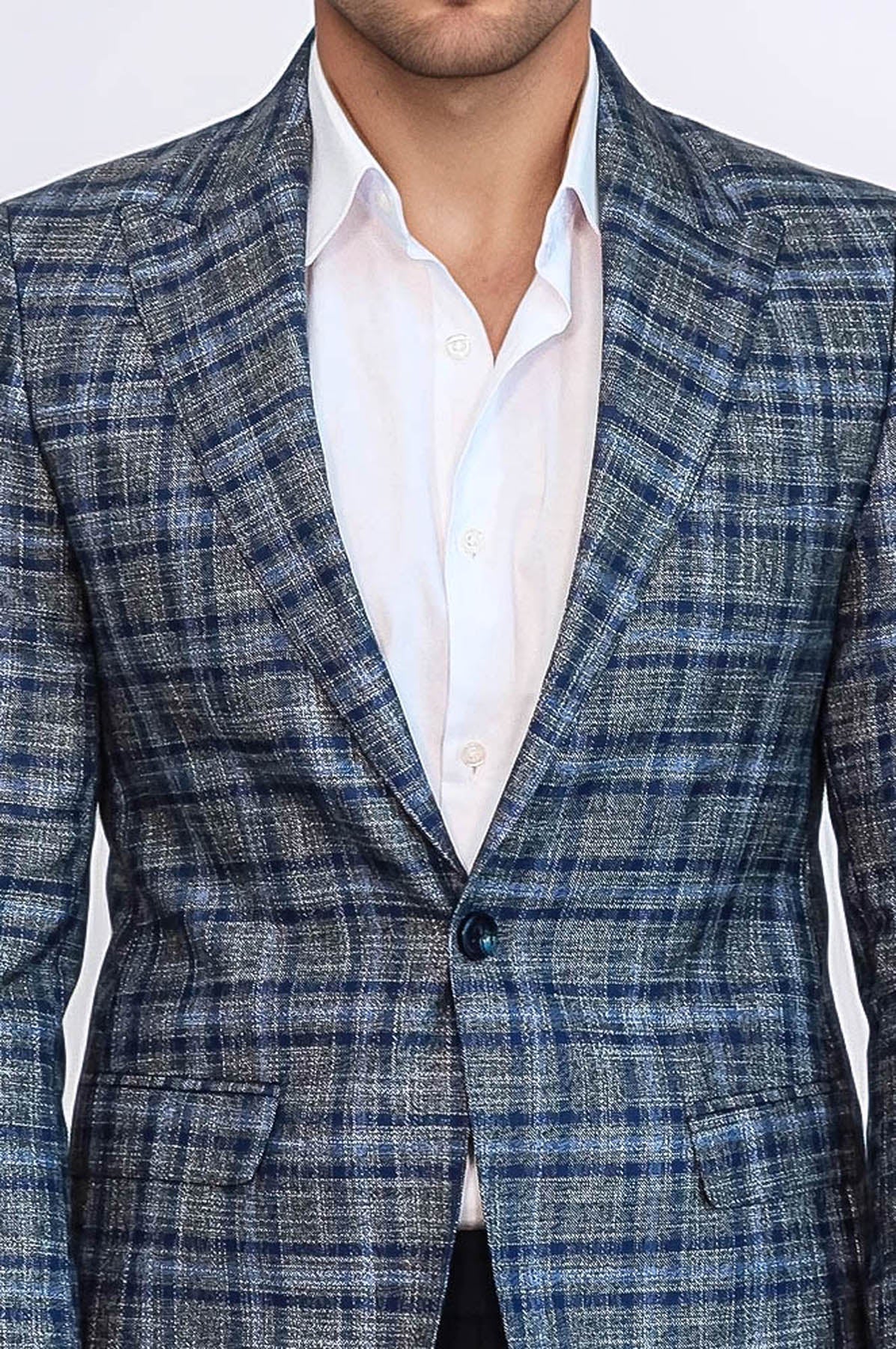 Checked Slim-Fit Single Button Navy Blue Men Blazer