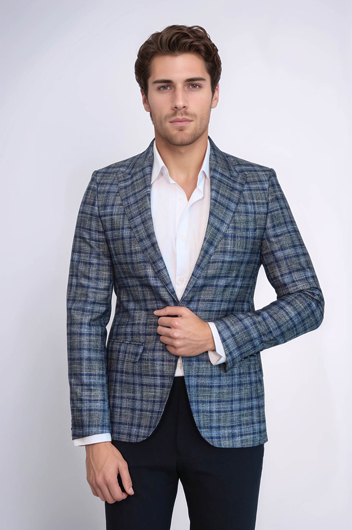 Checked Slim-Fit Single Button Navy Blue Men Blazer