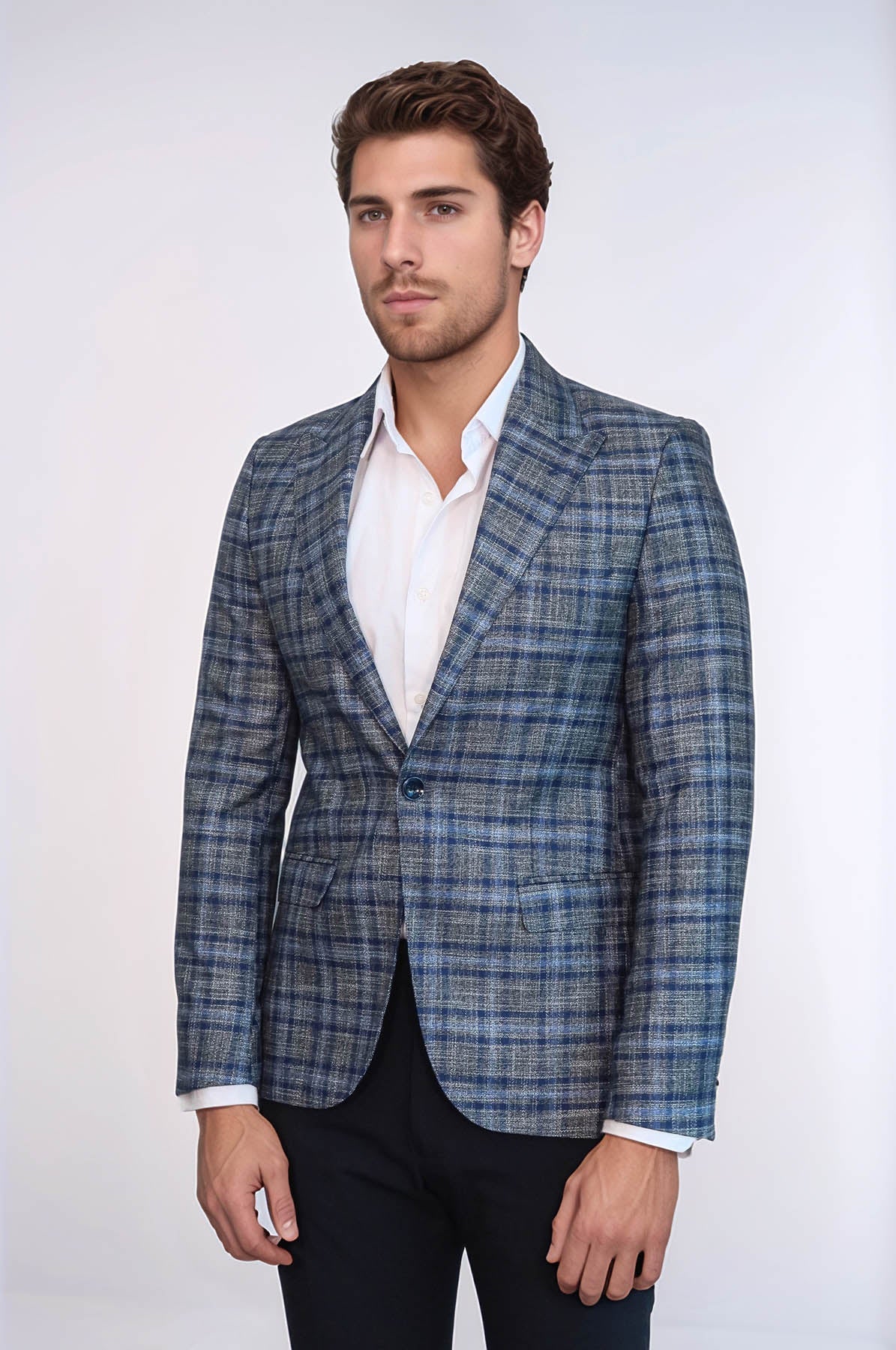 Checked Slim-Fit Single Button Navy Blue Men Blazer