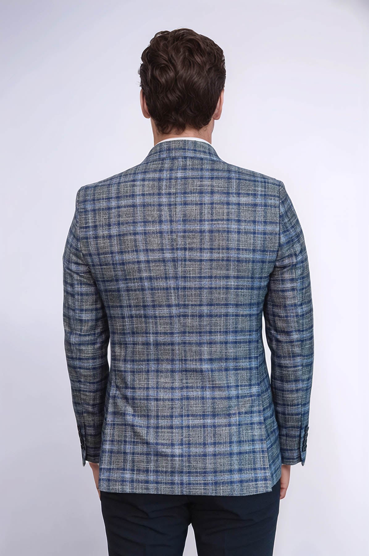 Checked Slim-Fit Single Button Navy Blue Men Blazer