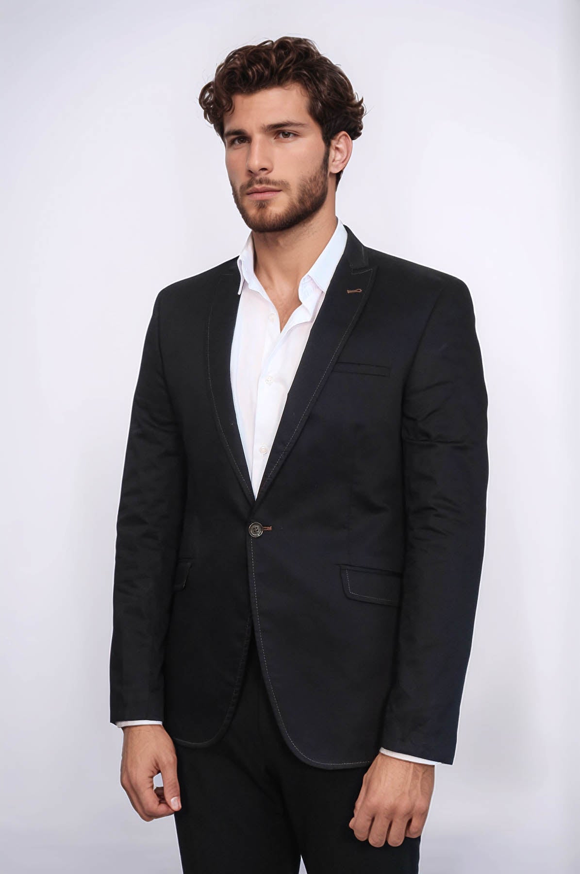 Single Button Cotton Mono Lapel Black Jacket-Wessi