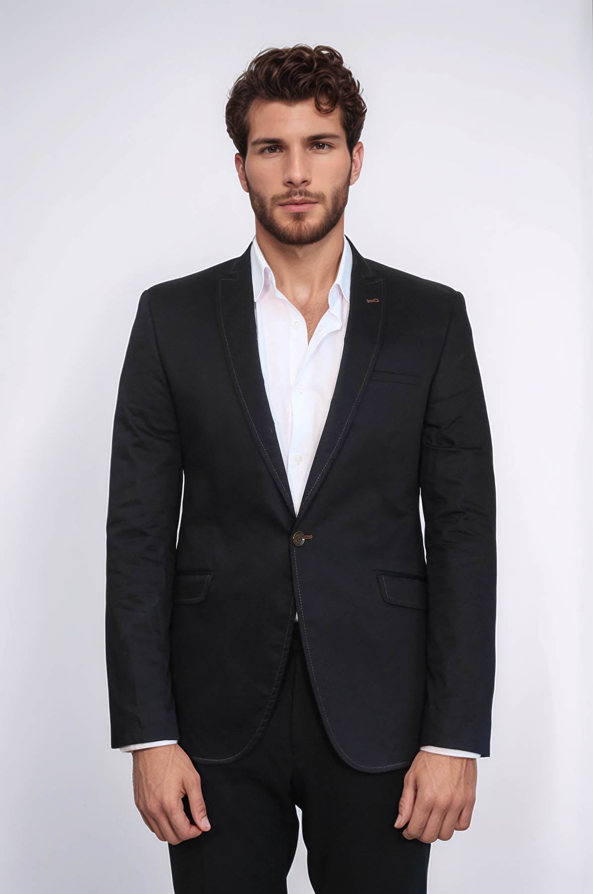 Single Button Cotton Mono Lapel Black Jacket-Wessi