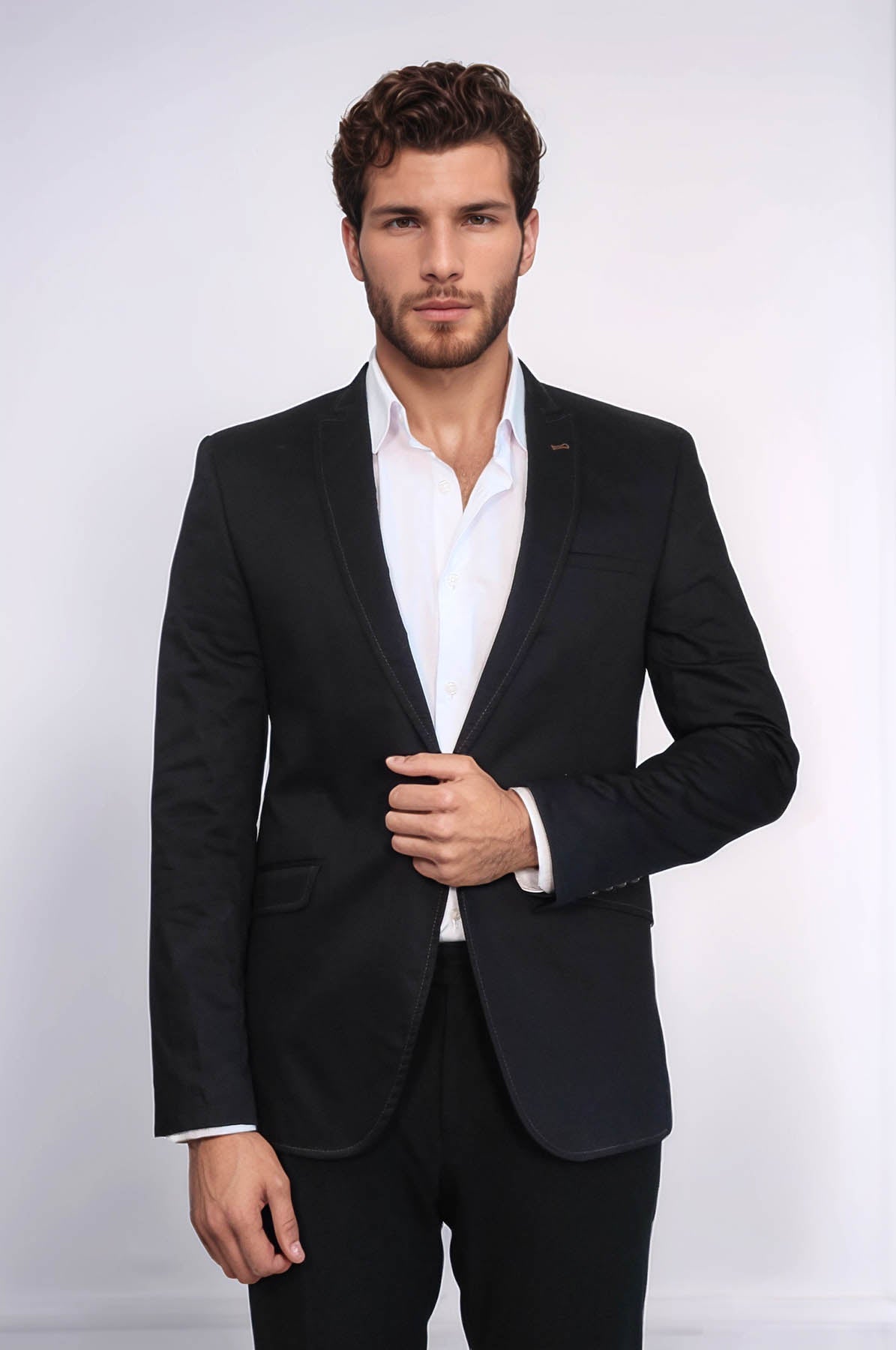 Single Button Cotton Mono Lapel Black Jacket-Wessi