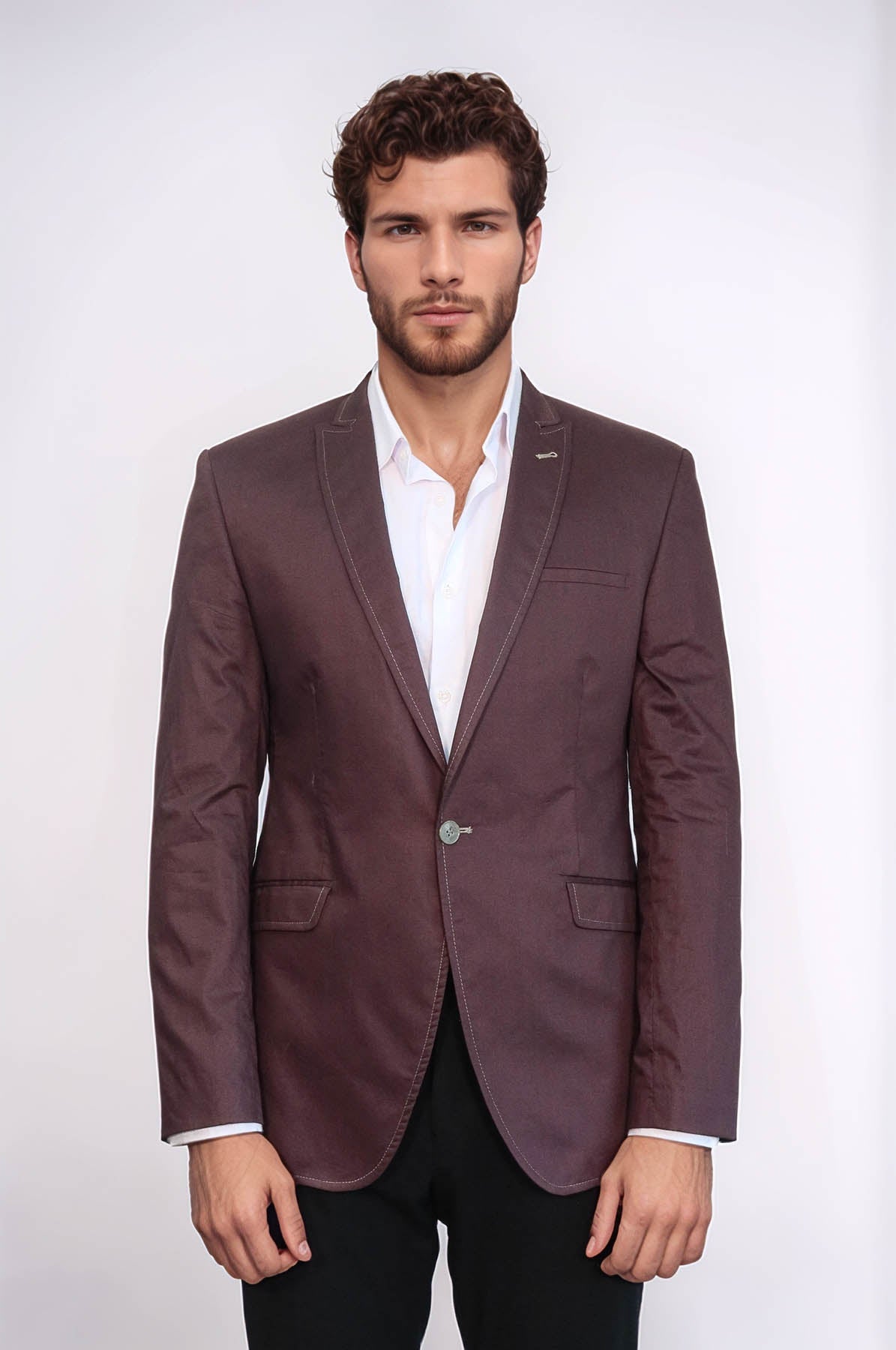 Single Button Cotton Mono Lapel Brown Jacket-Wessi