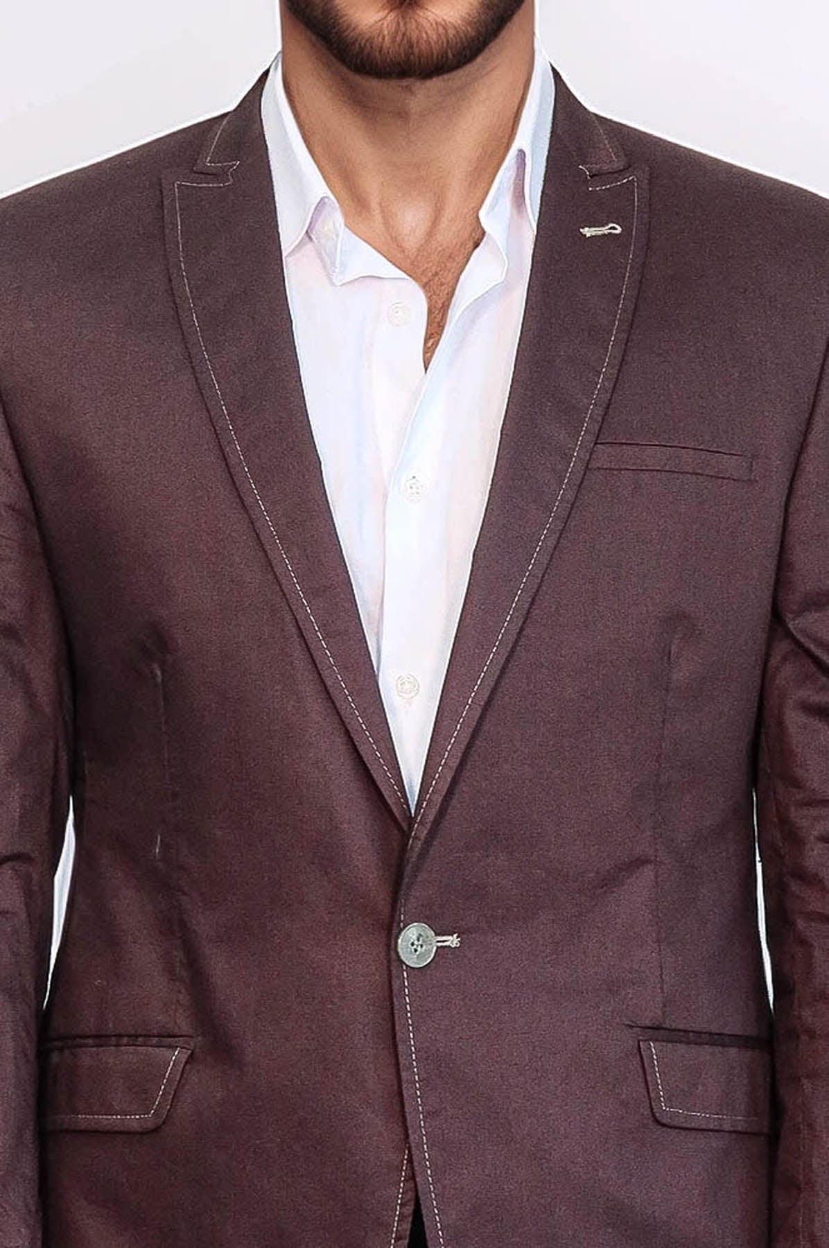 Single Button Cotton Mono Lapel Brown Jacket-Wessi