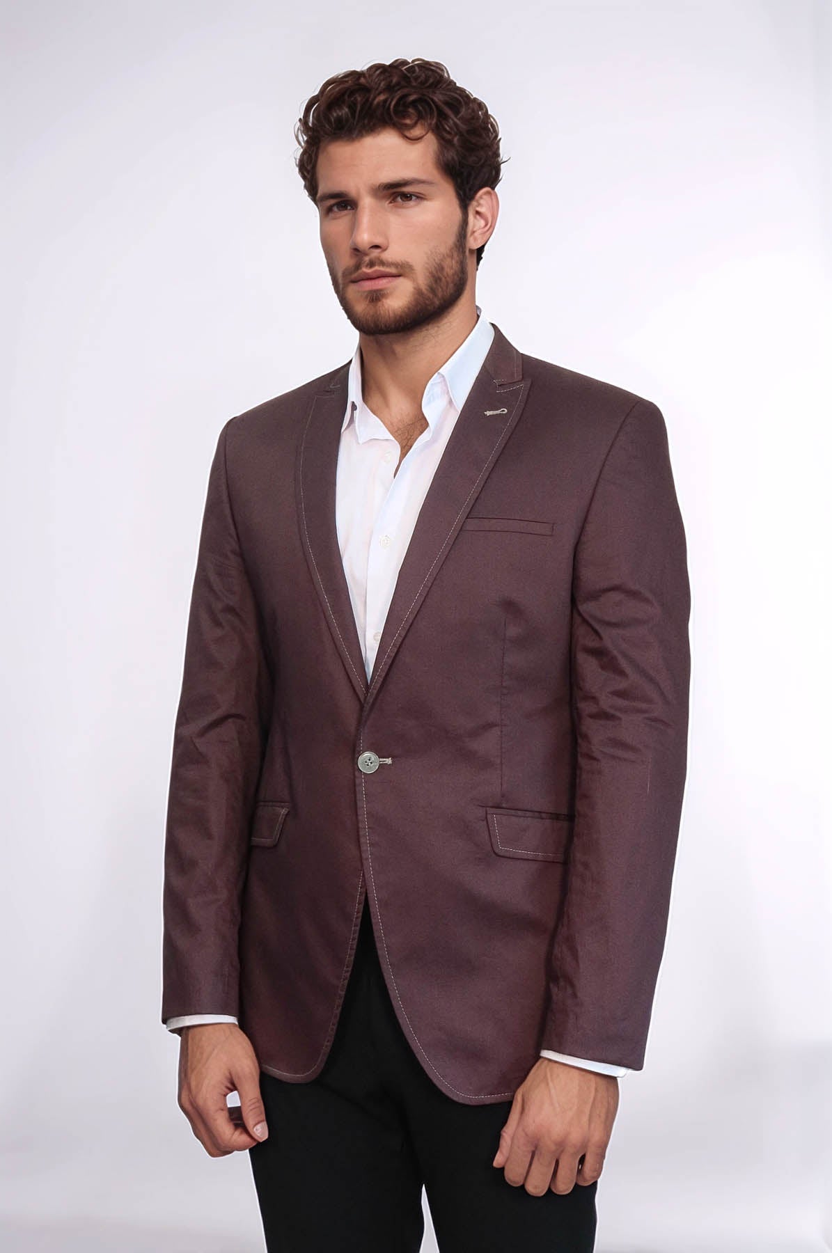 Single Button Cotton Mono Lapel Brown Jacket-Wessi