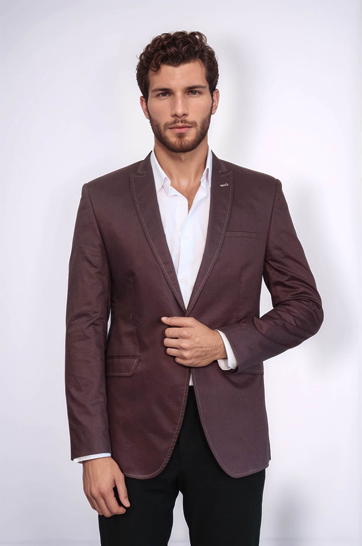 Single Button Cotton Mono Lapel Brown Jacket-Wessi