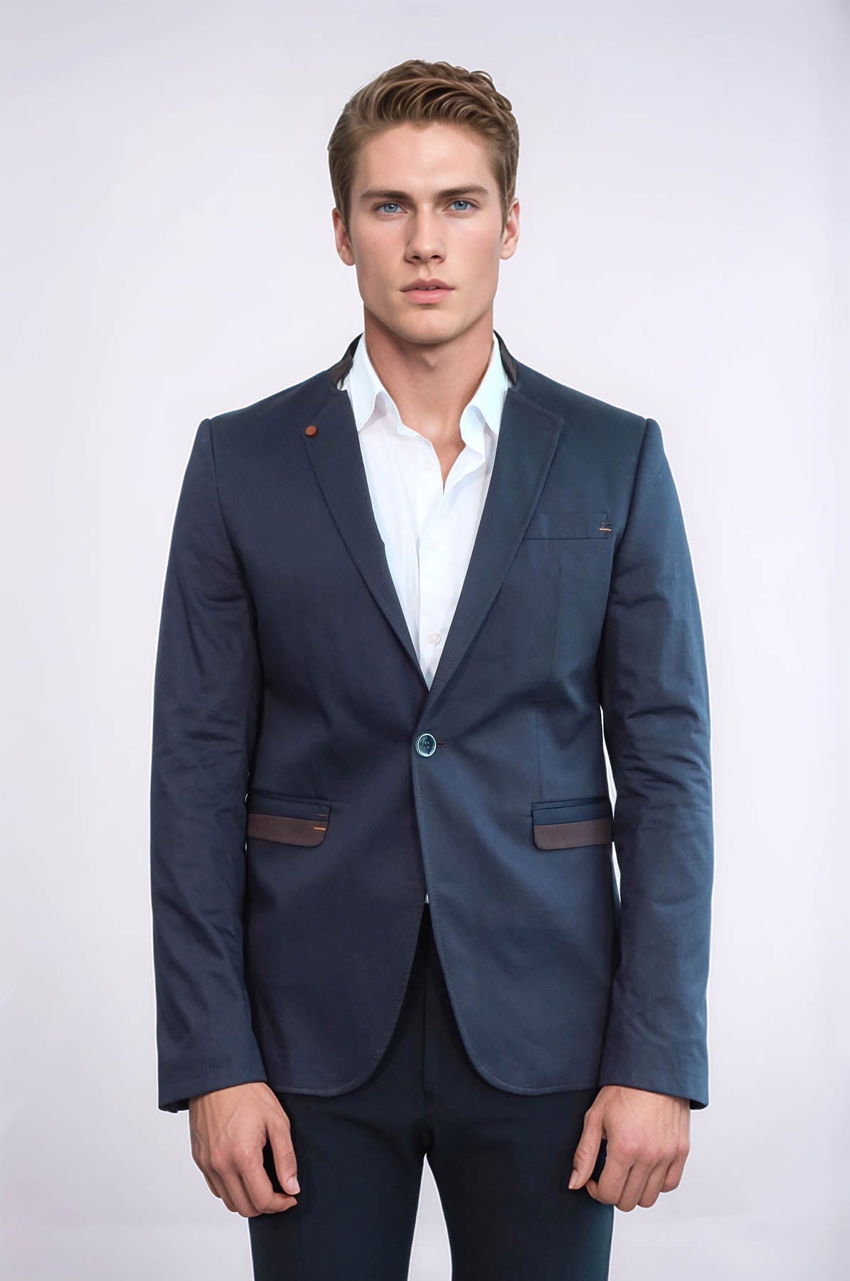 KOALA SYDNEY Single Button Standing Collar Navy Blue Men Blazer
