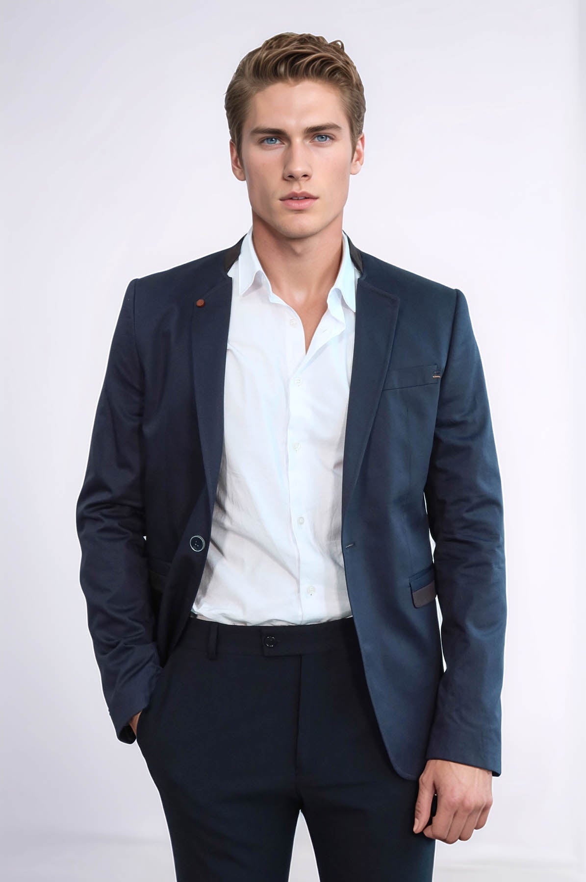 KOALA SYDNEY Single Button Standing Collar Navy Blue Men Blazer