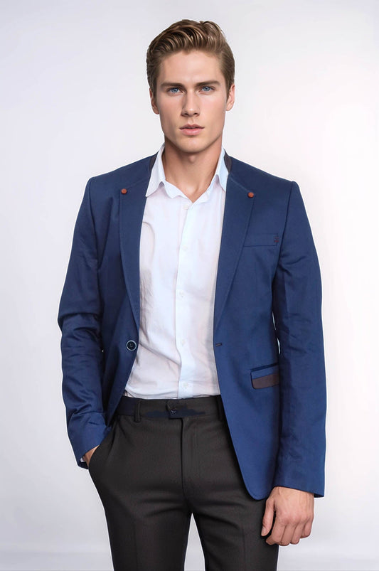 Single Button Standing Collar Navy Blue Men Blazer