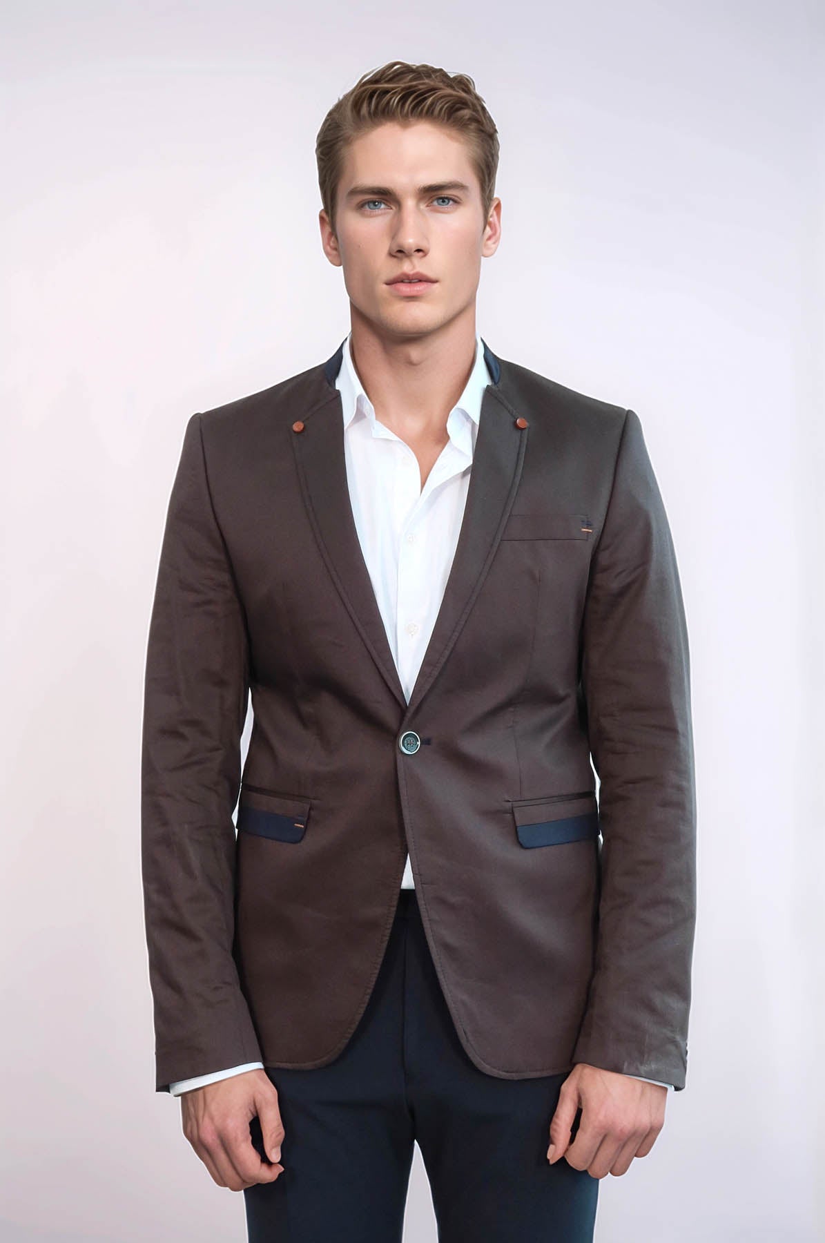 Single Button Standing Collar Brown Men Blazer