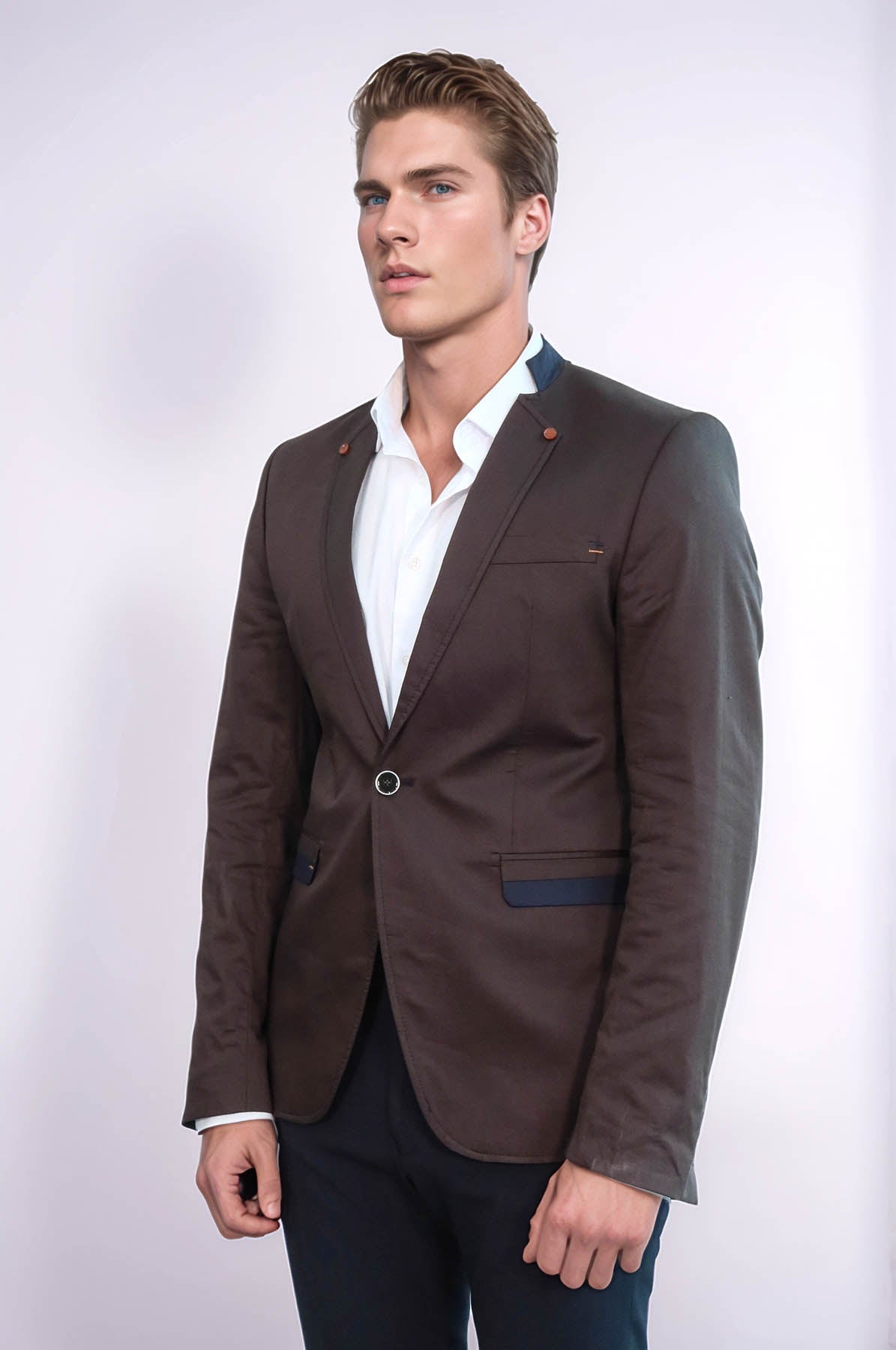 Single Button Standing Collar Brown Men Blazer