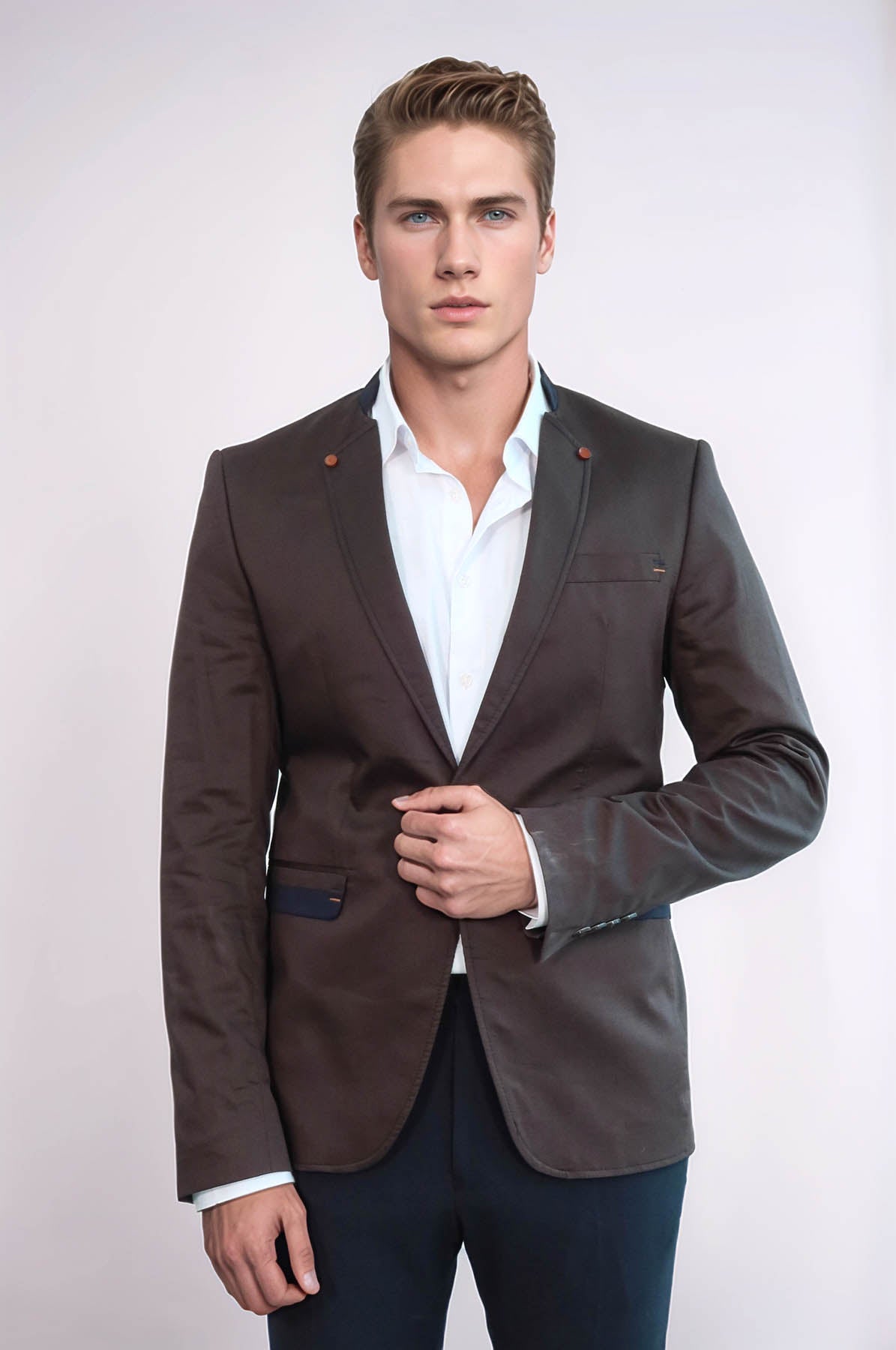 Single Button Standing Collar Brown Men Blazer