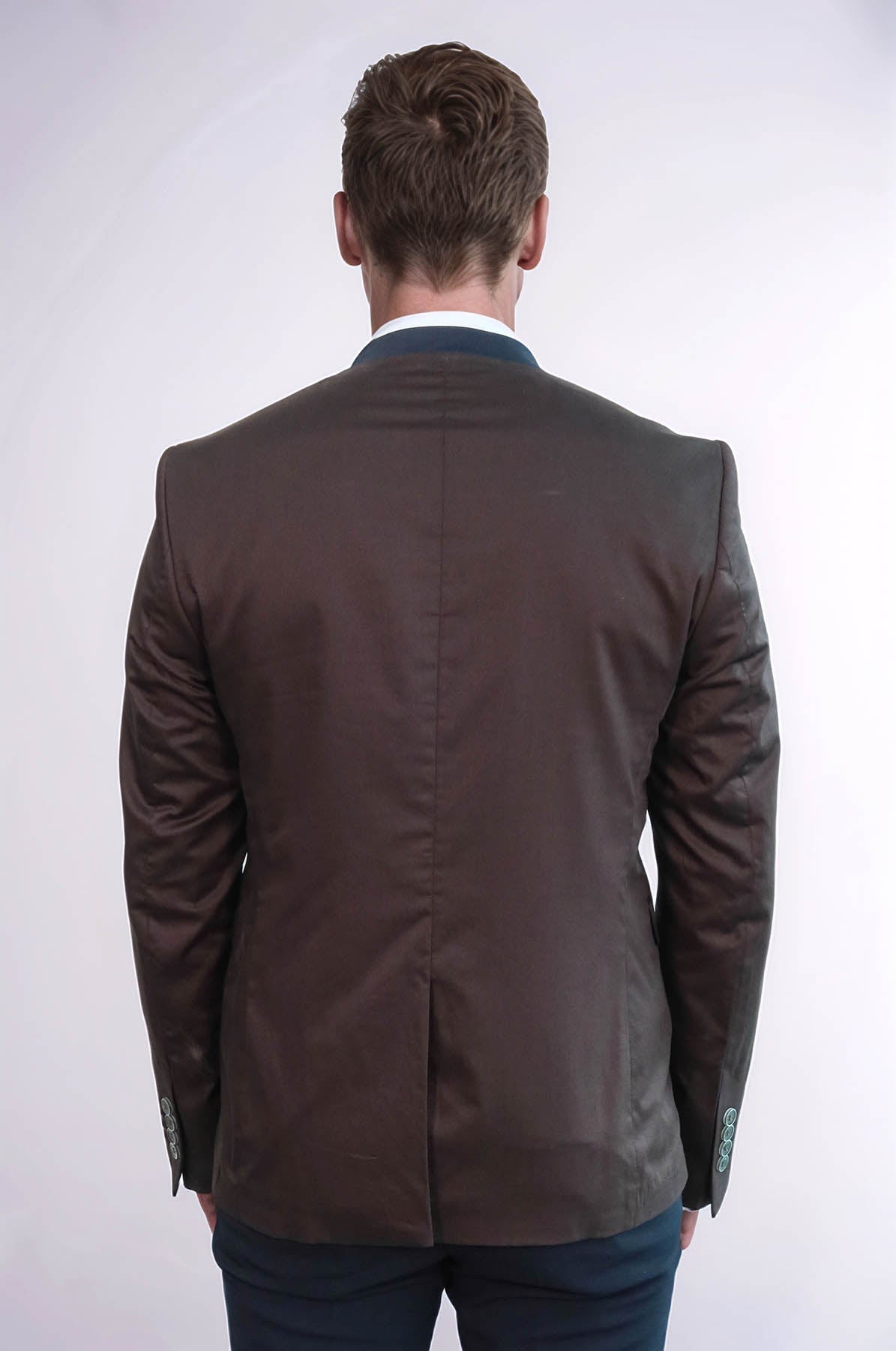 Single Button Standing Collar Brown Men Blazer