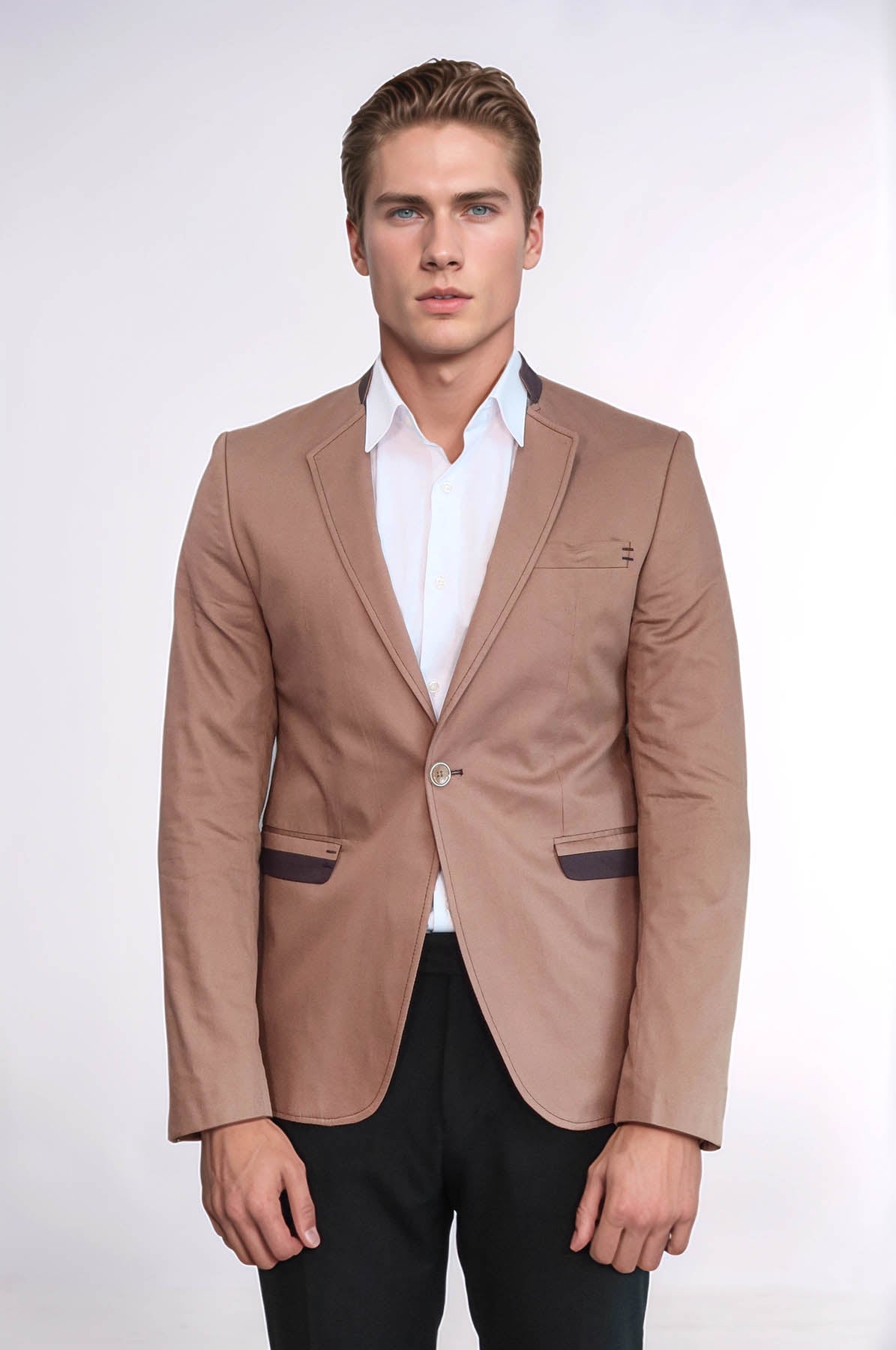 Single Button Standing Collar Beige Men Blazer