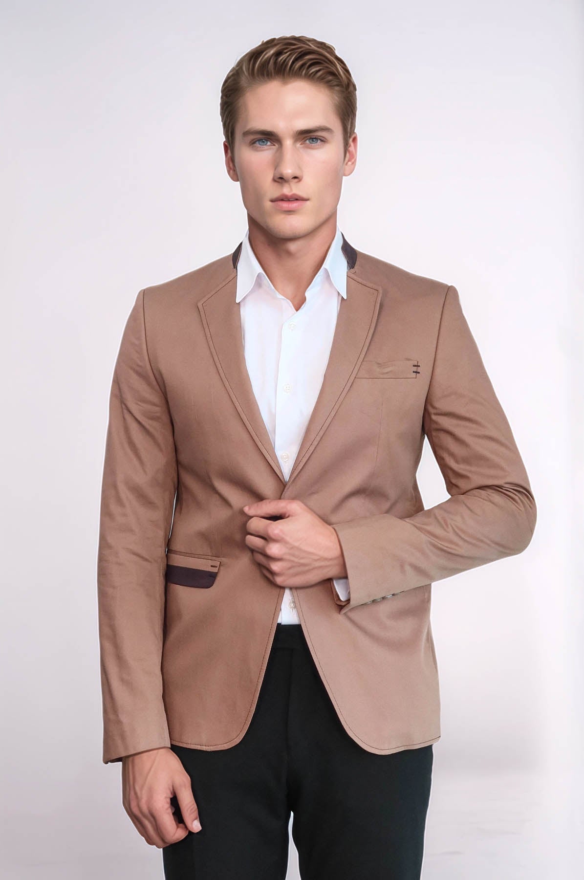 Single Button Standing Collar Beige Men Blazer