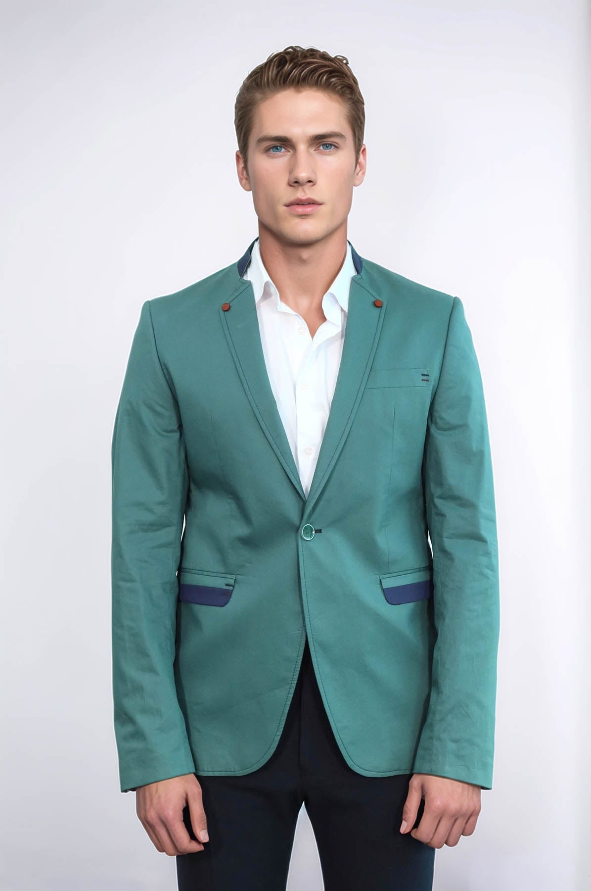Single Button Standing Collar Green Men Blazer