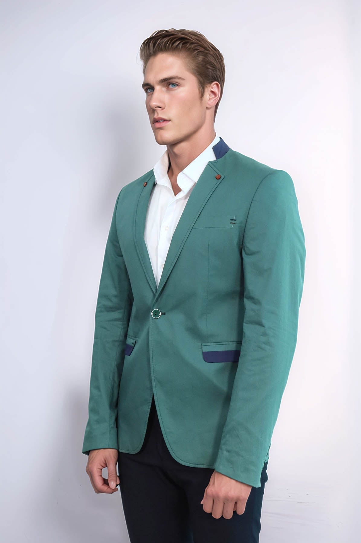 Single Button Standing Collar Green Men Blazer