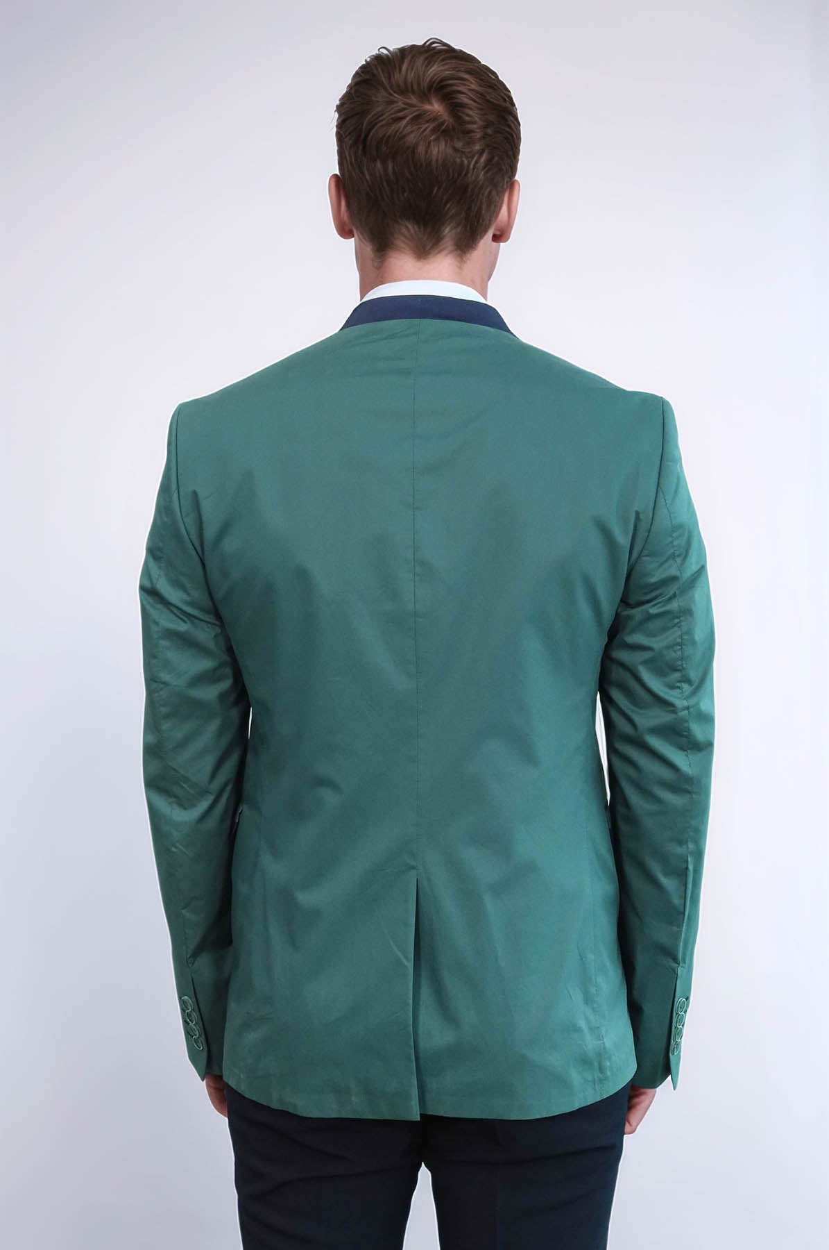 Single Button Standing Collar Green Men Blazer