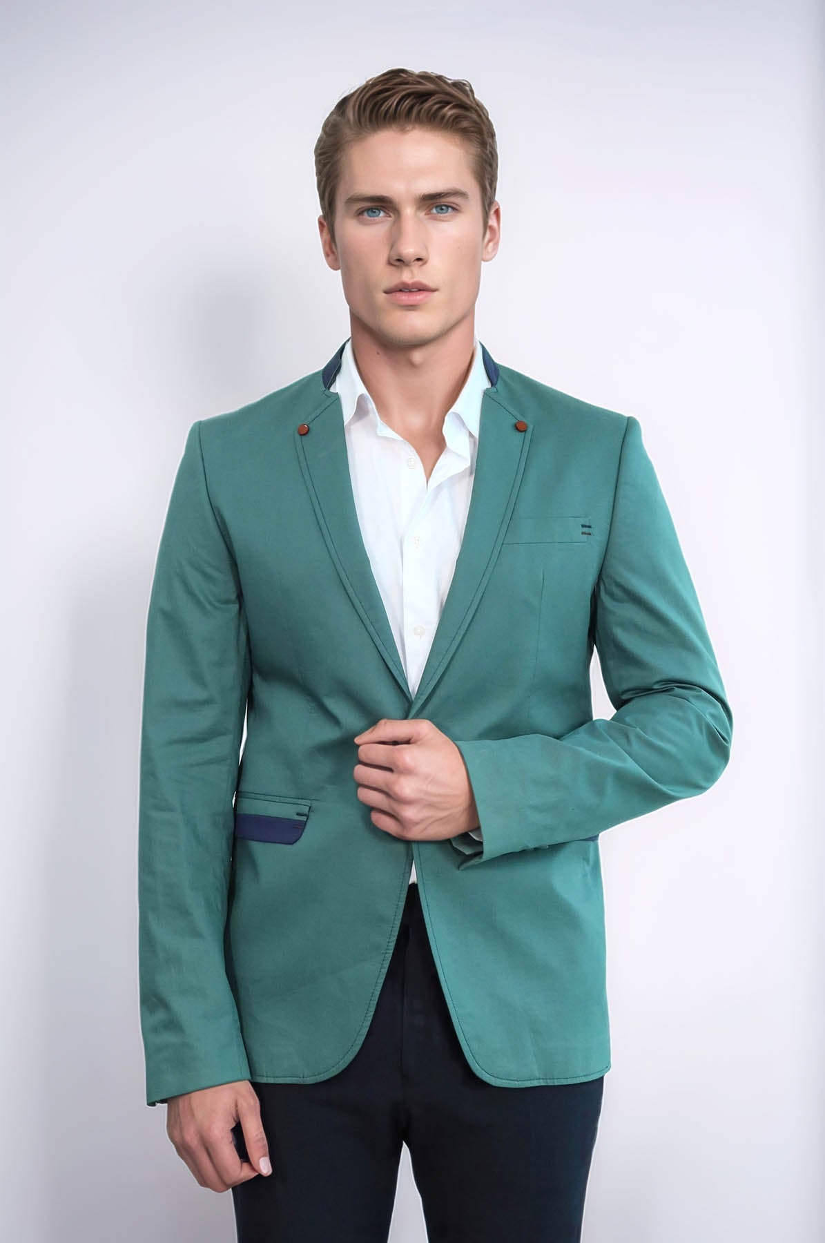 Single Button Standing Collar Green Men Blazer