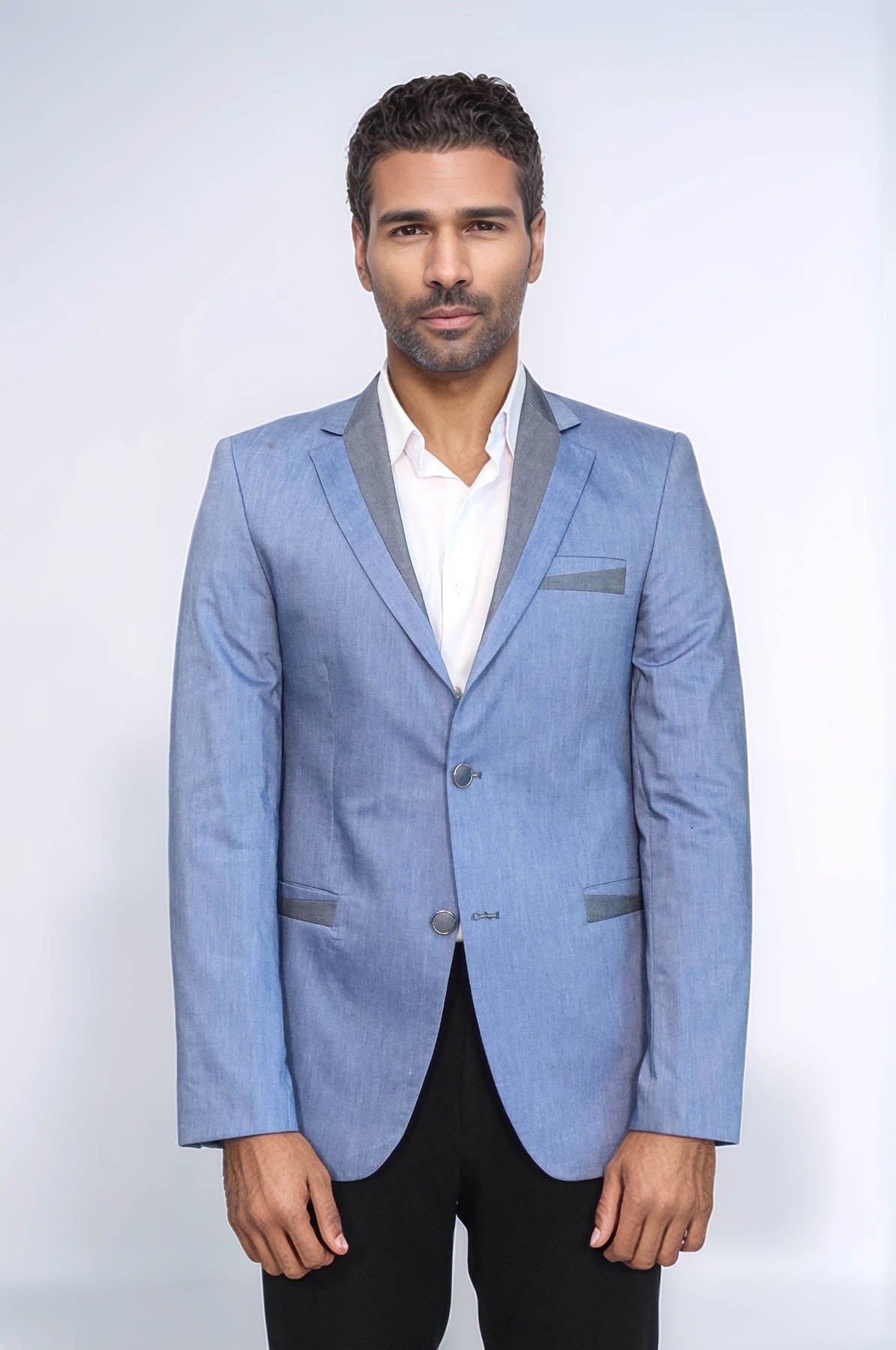 3 Pockets 2 Buttons Cross Piping Light Blue Jacket-Wessi