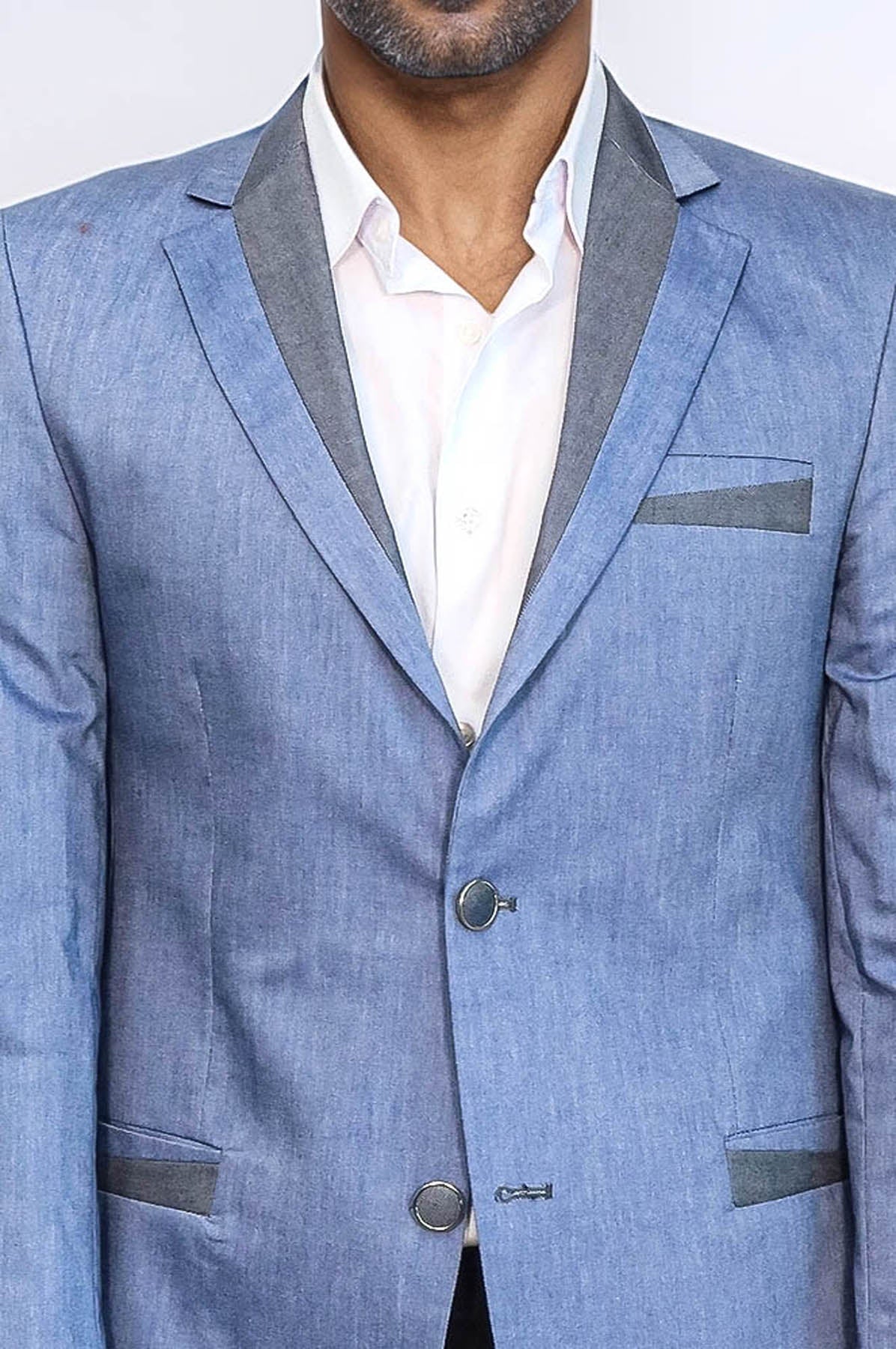 3 Pockets 2 Buttons Cross Piping Light Blue Jacket-Wessi