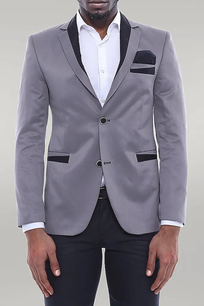 Pocket Diagonal Piping Cotton Grey Jacket-