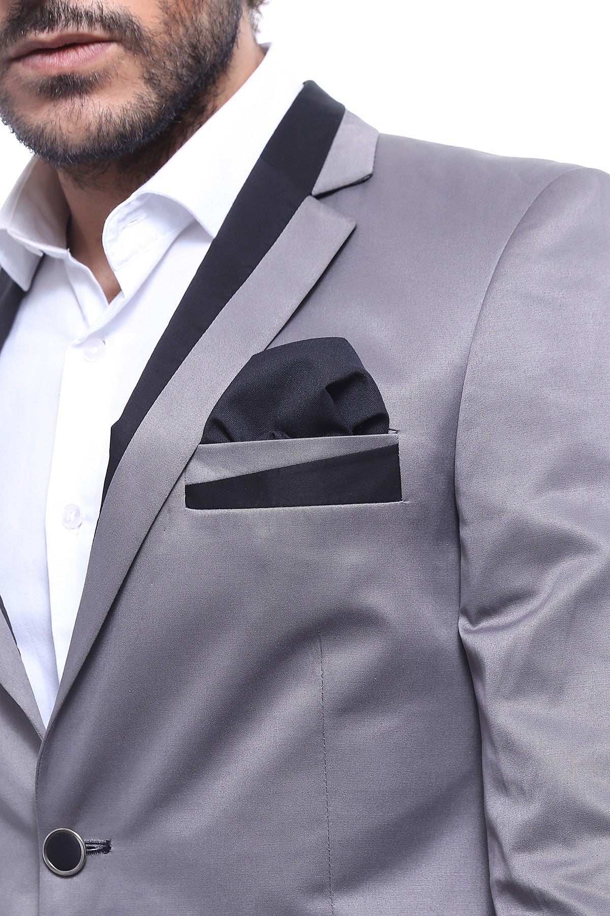 Pocket Diagonal Piping Cotton Grey Jacket-