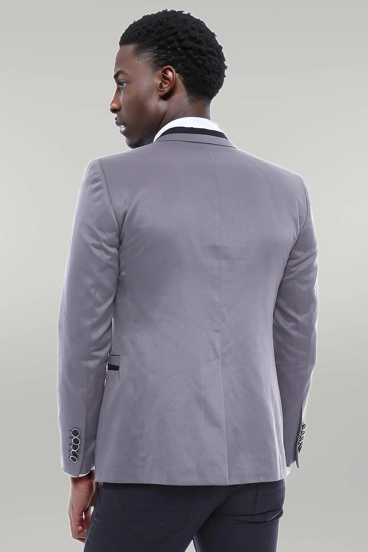 Pocket Diagonal Piping Cotton Grey Jacket-