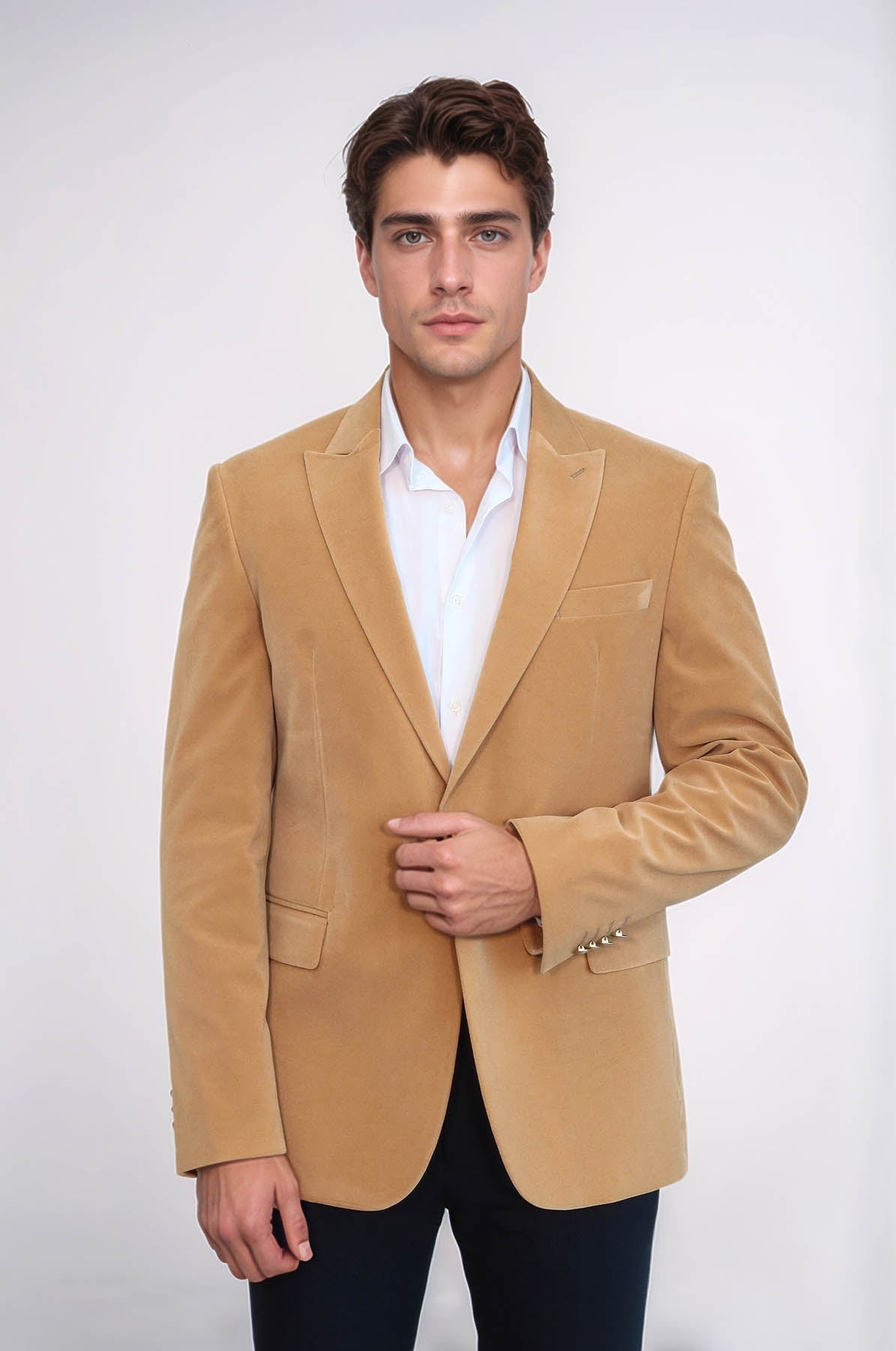 Wide Lapel Velvet Apricot Men Blazer