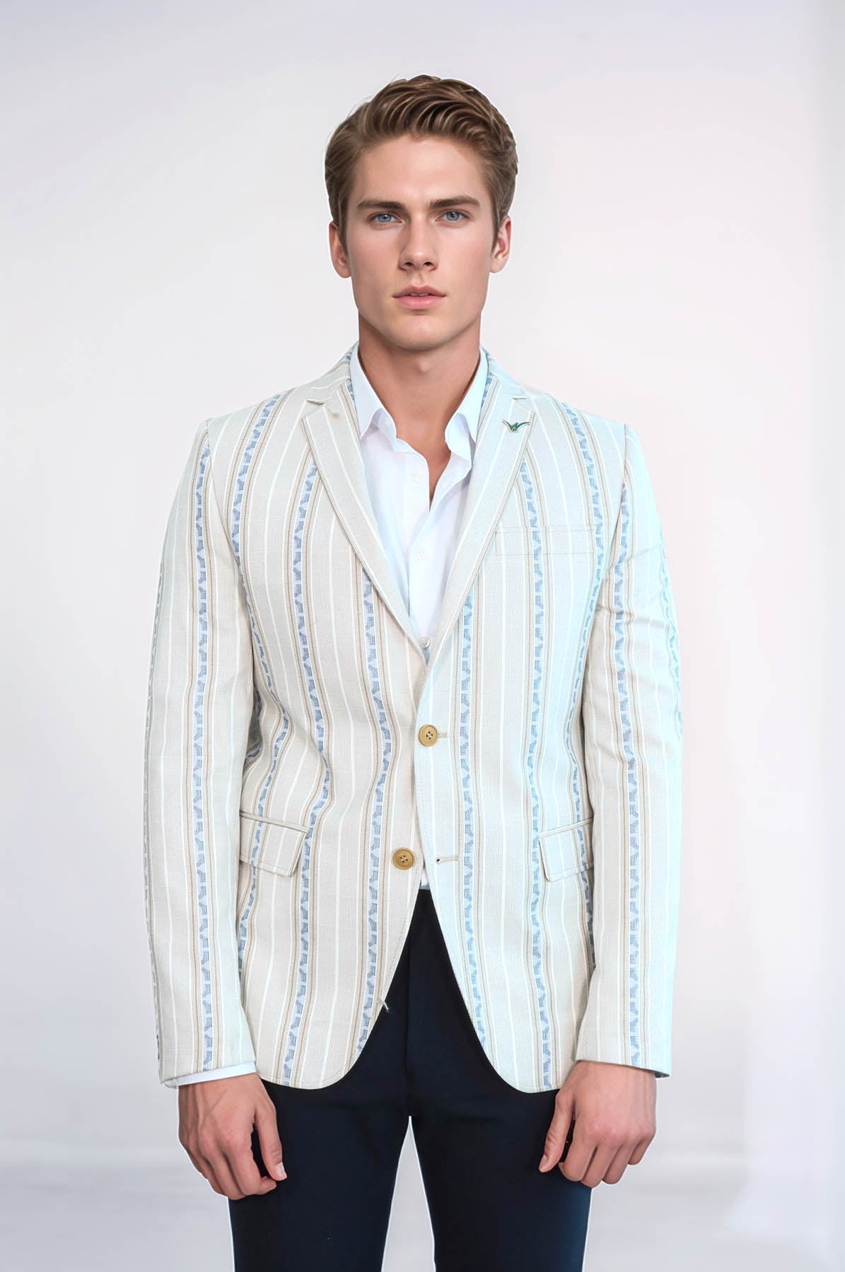 Stripped Beige Slim Fit Blazer