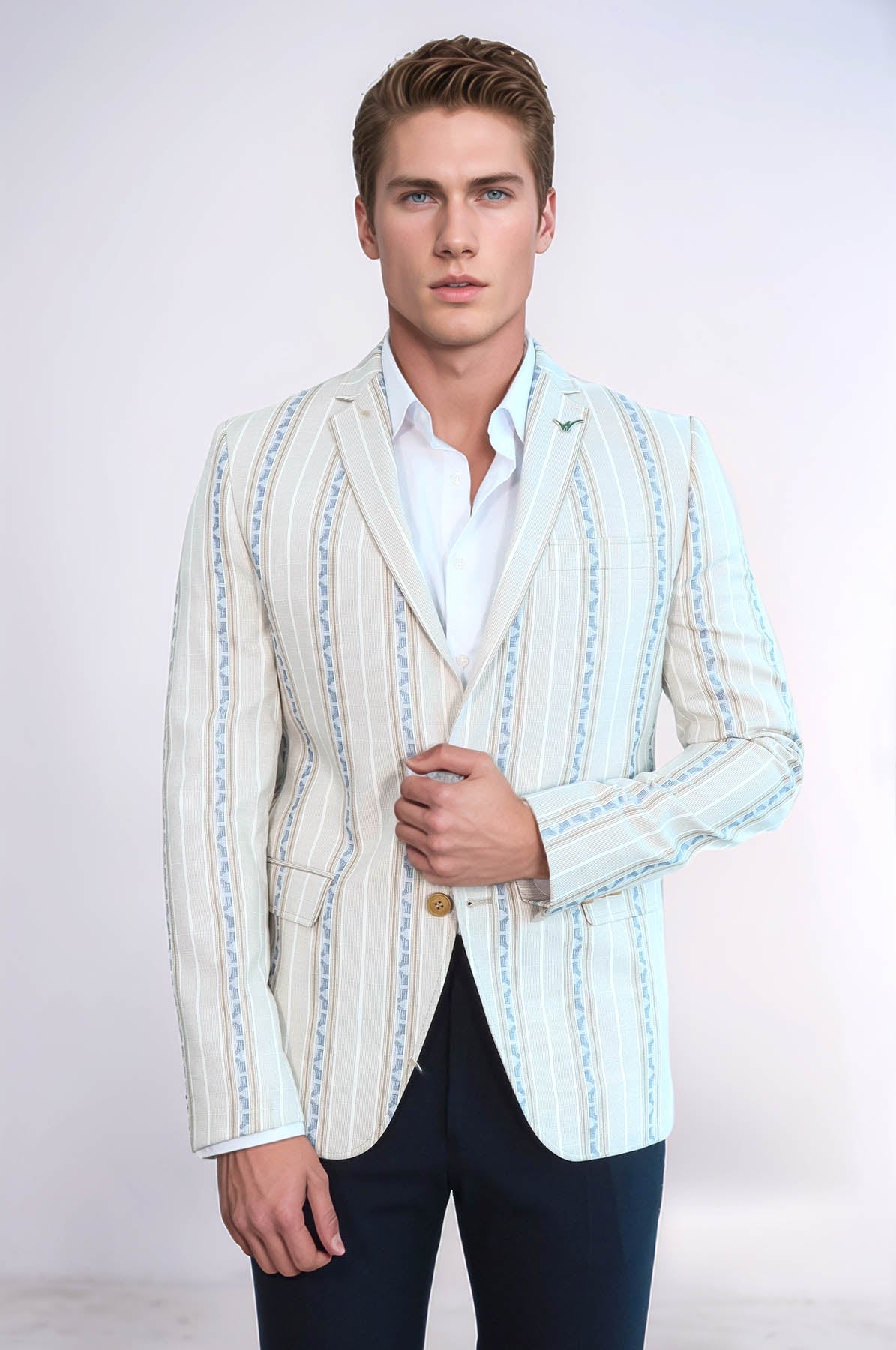 Stripped Beige Slim Fit Blazer