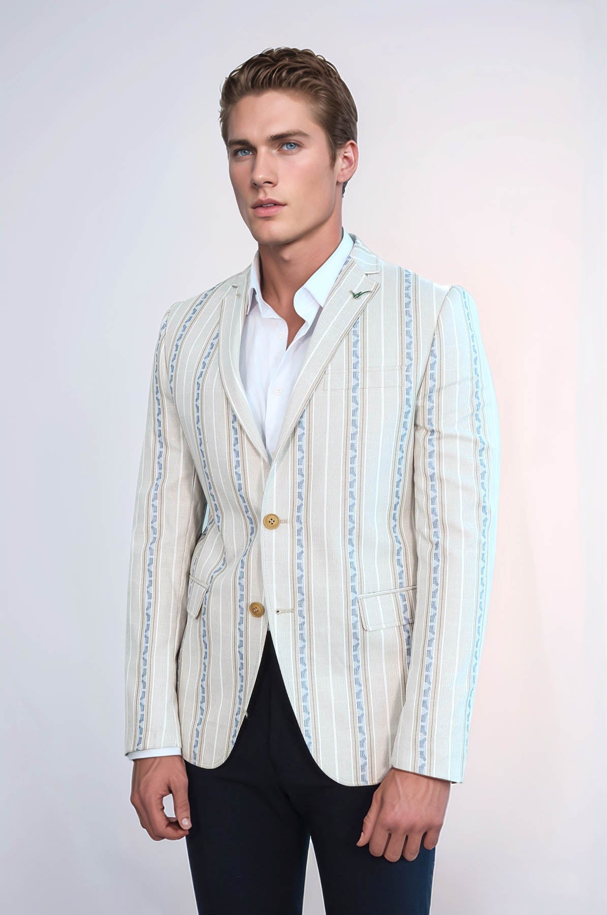 Stripped Beige Slim Fit Blazer