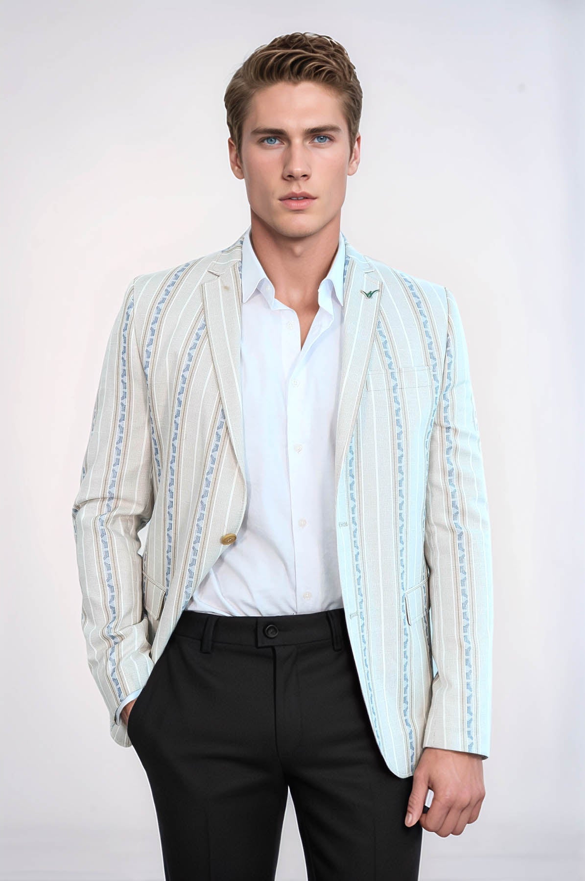 Stripped Beige Slim Fit Blazer
