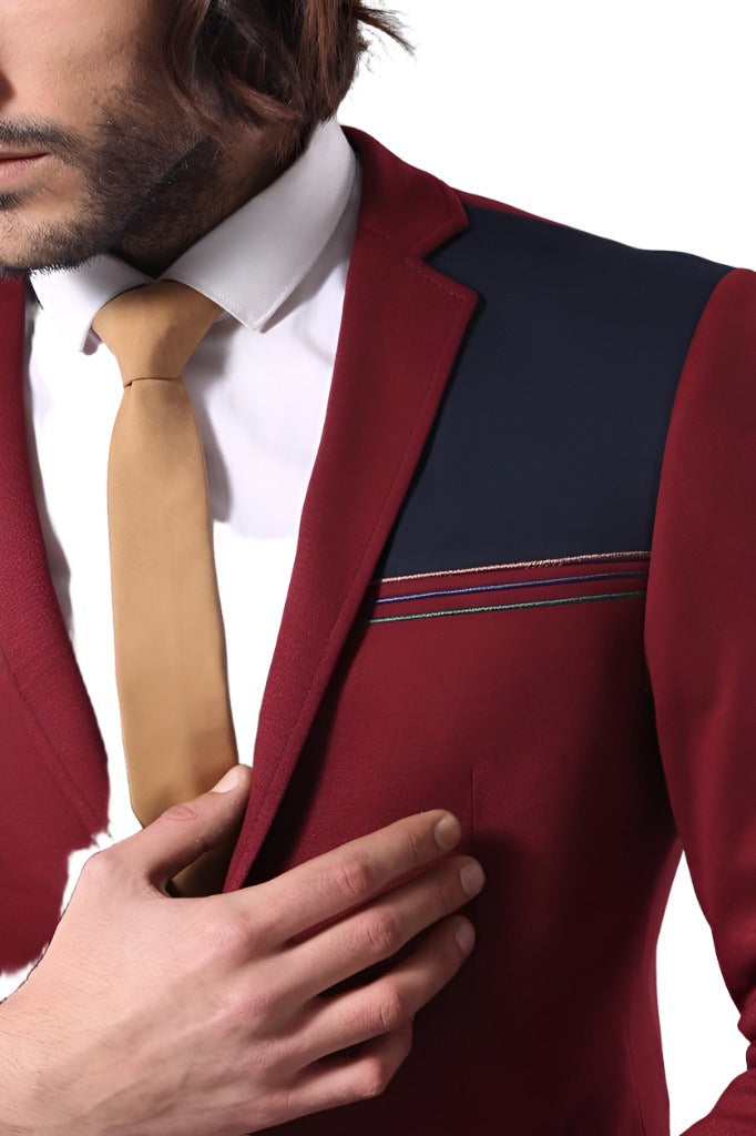 Collar Embroidery Combed Burgundy Men Jacket