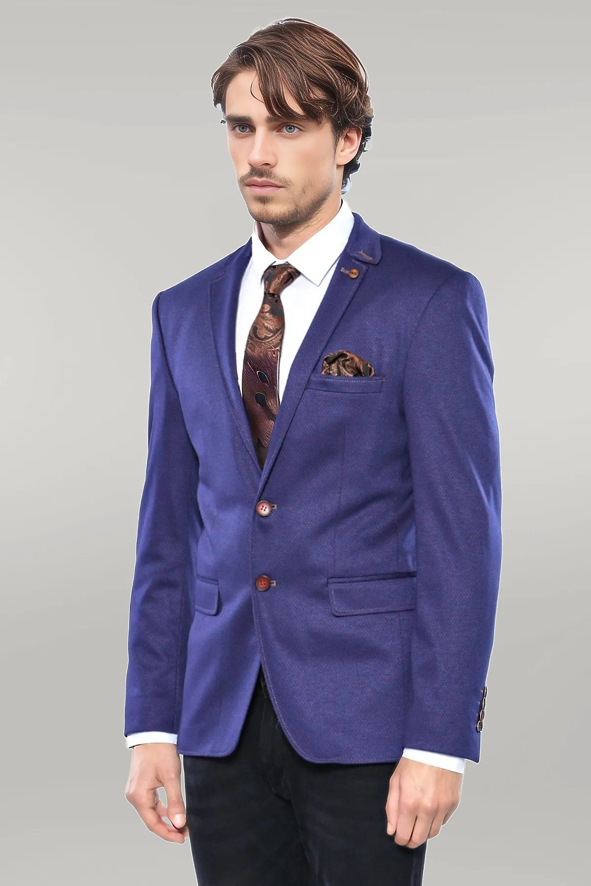 2 Button Combed Plaid Sax Blue Men Jacket