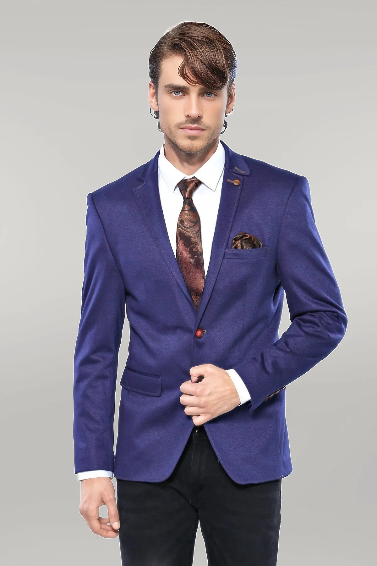 2 Button Combed Plaid Sax Blue Men Jacket