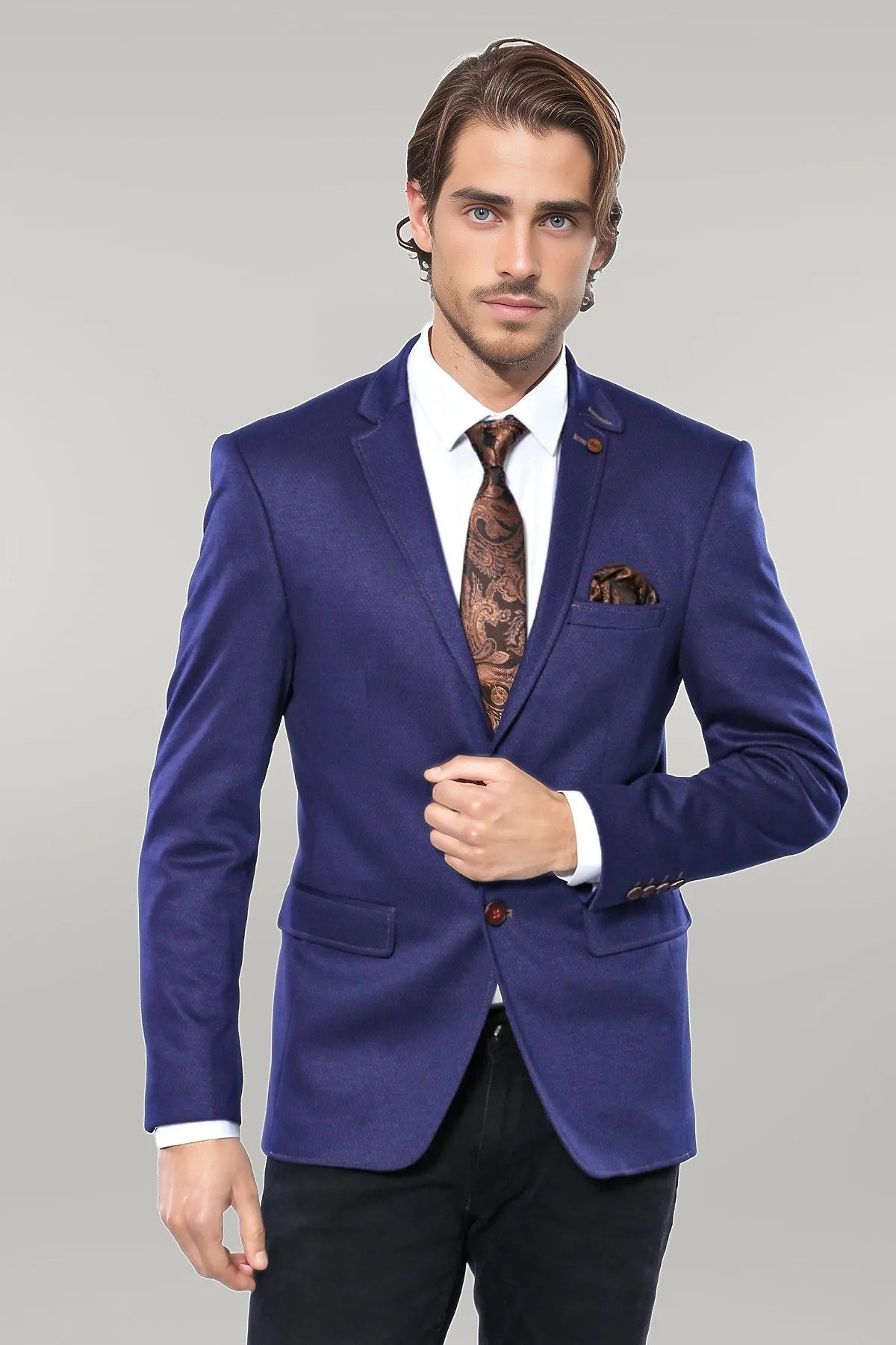 2 Button Combed Plaid Sax Blue Men Jacket