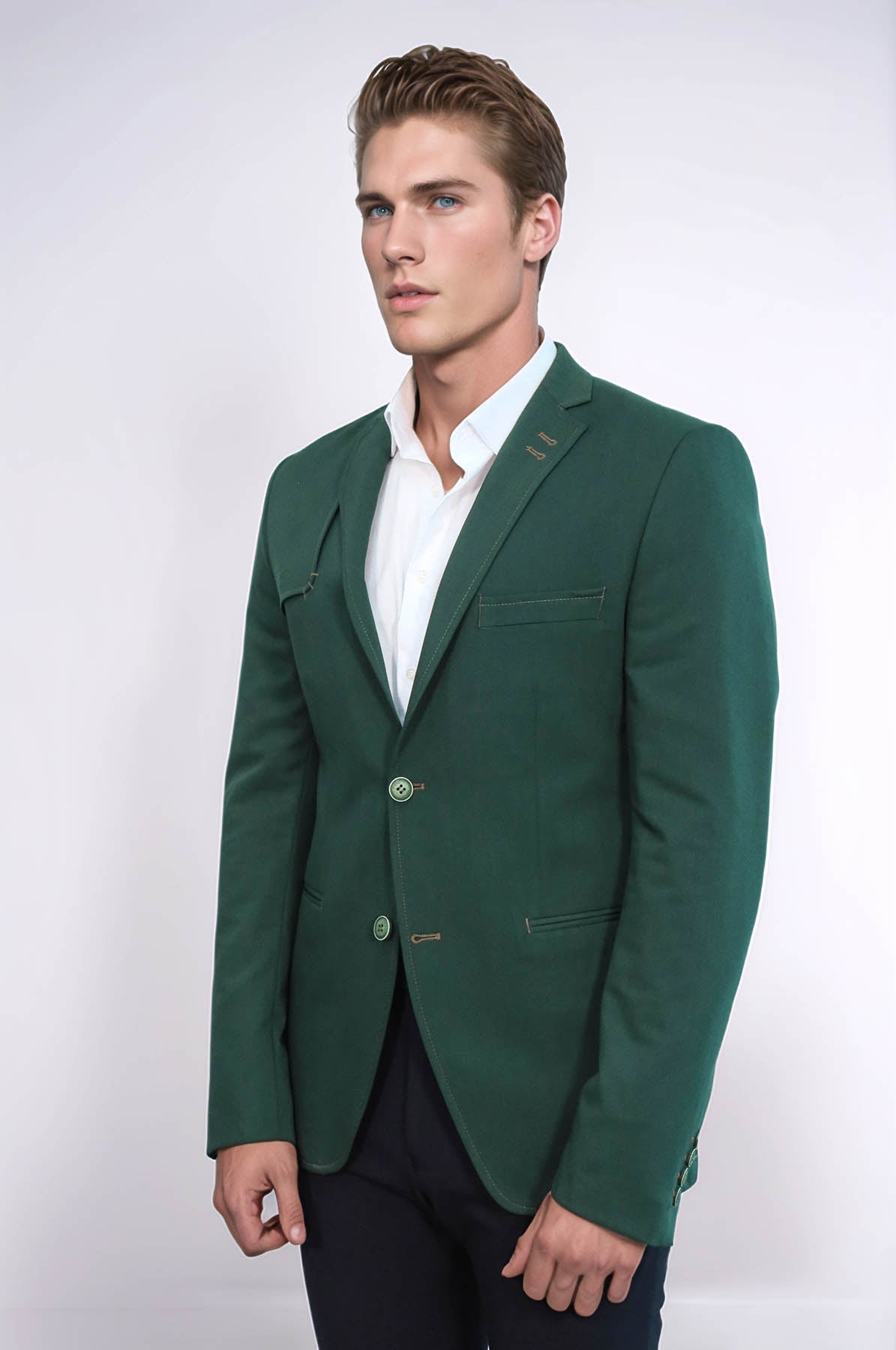 Double Buttons Shoulder Piece Mono Lapel Green Jacket-Wessi
